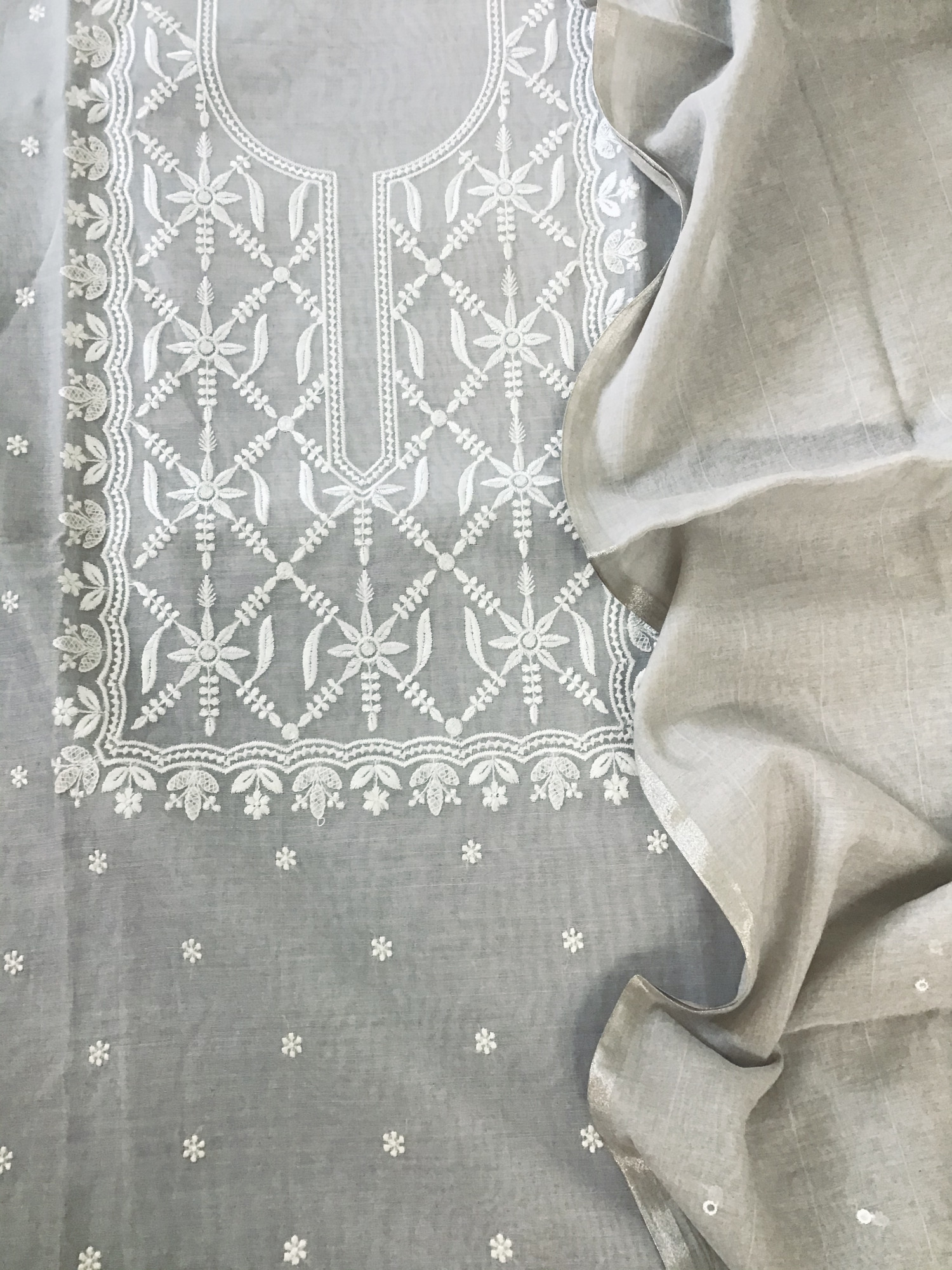 Soft Chanderi Embroidered Suit - Grey