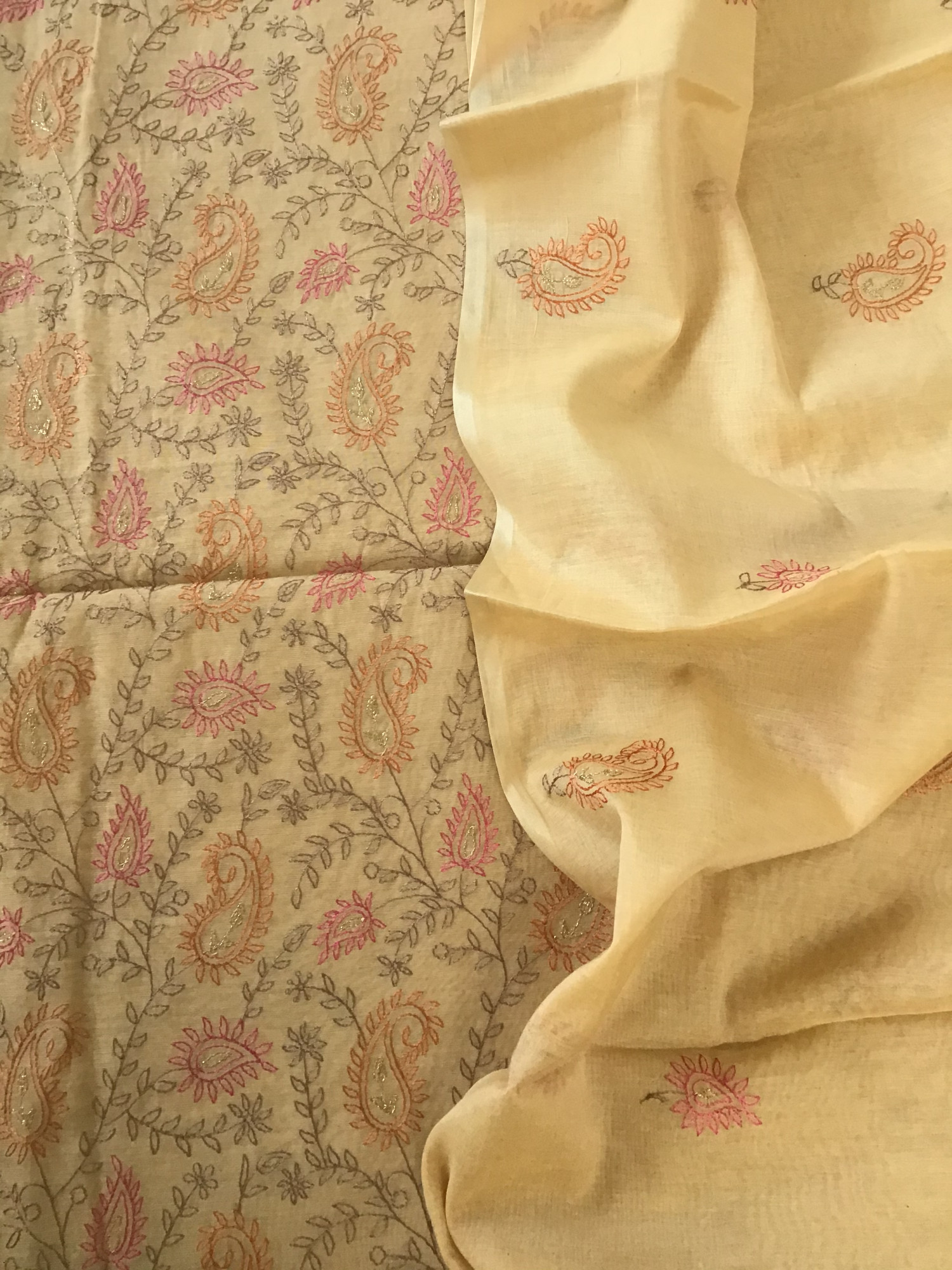 Soft Chanderi Embroidered Suit - Beige