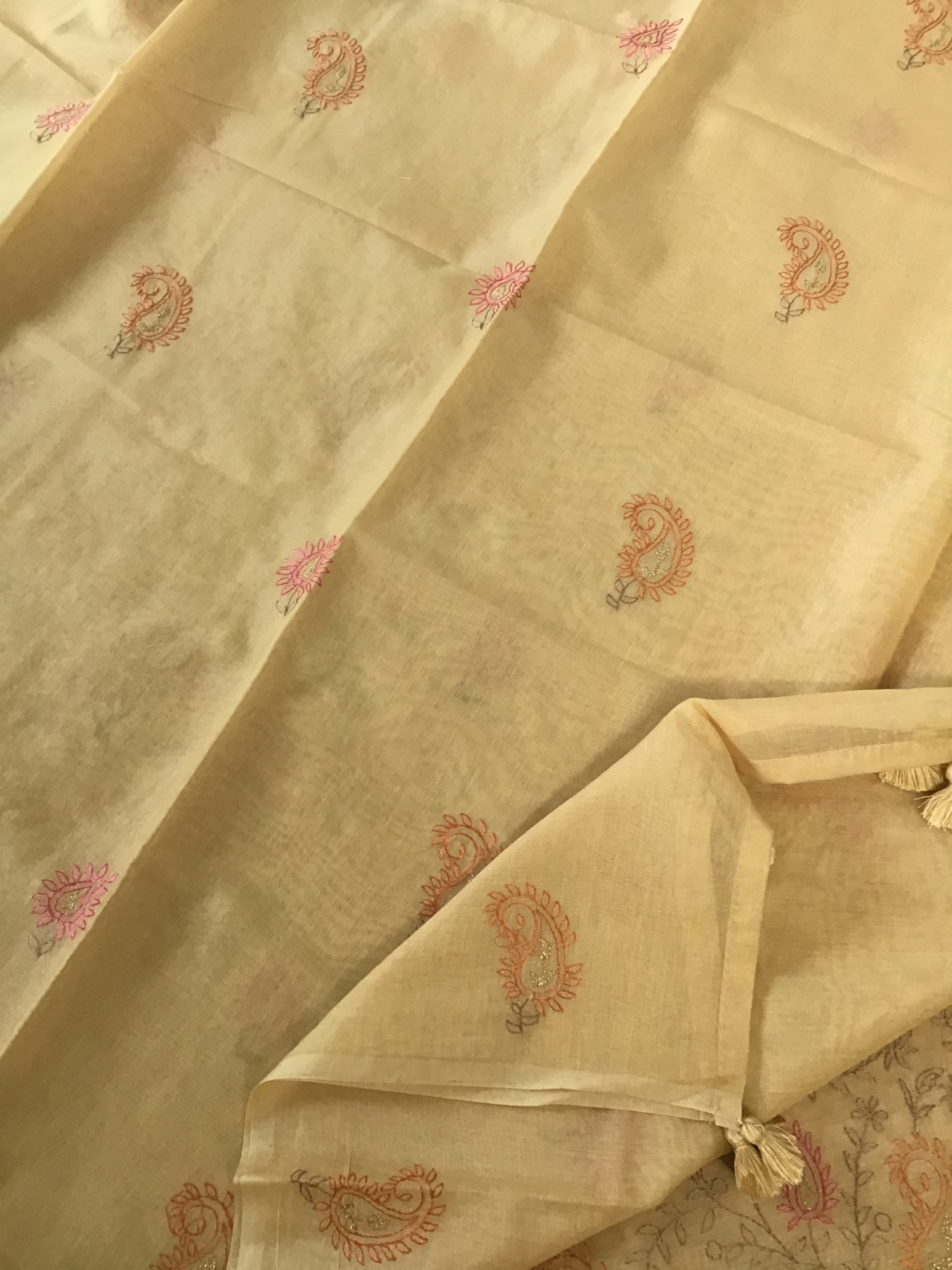 Soft Chanderi Embroidered Suit - Beige