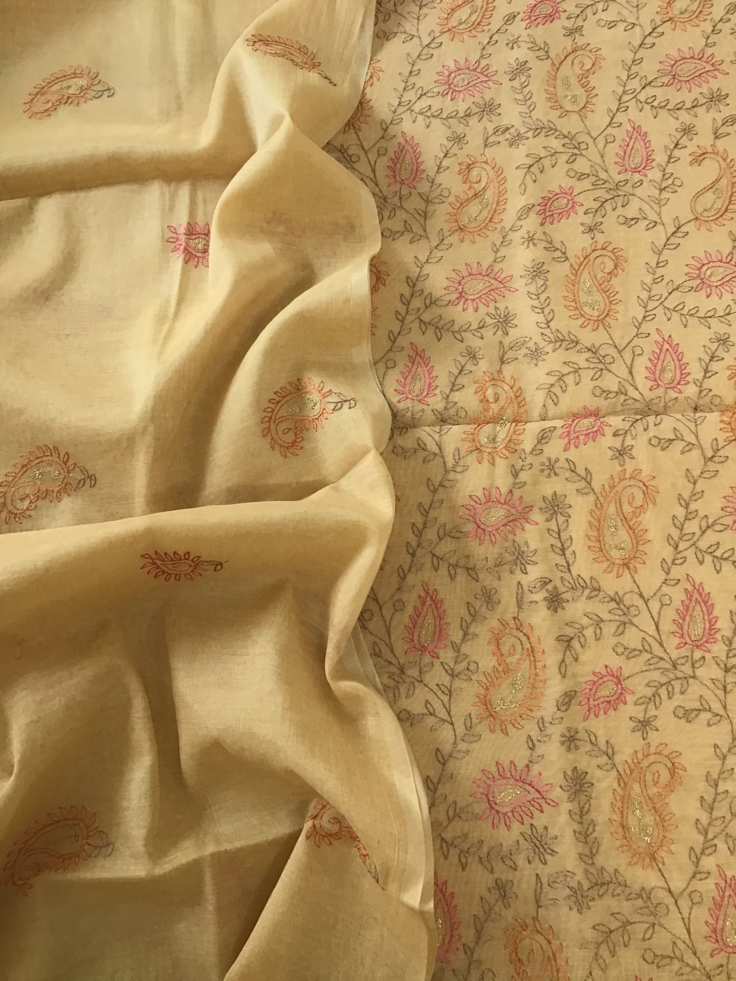 Soft Chanderi Embroidered Suit - Beige