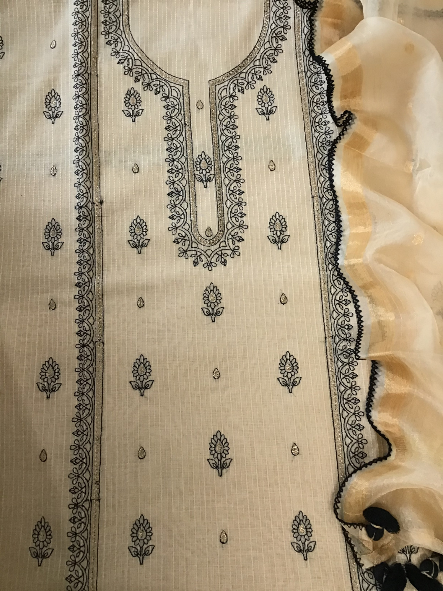 Soft Chanderi Embroidered Suit - BeigeBlack