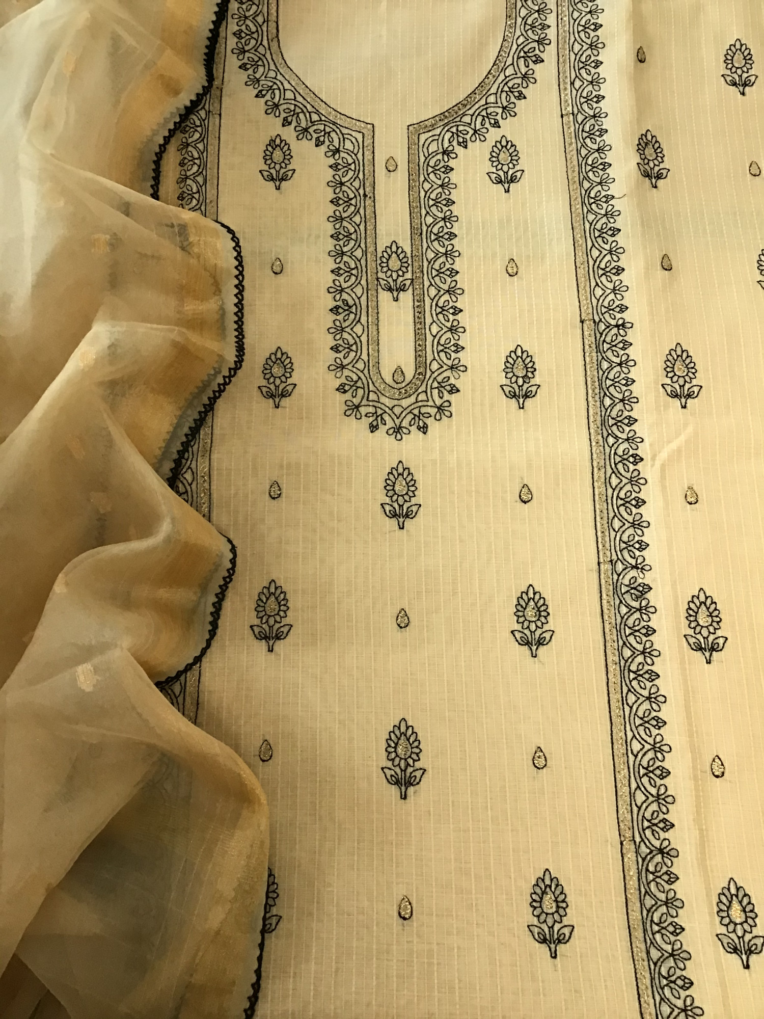 Soft Chanderi Embroidered Suit - BeigeBlack