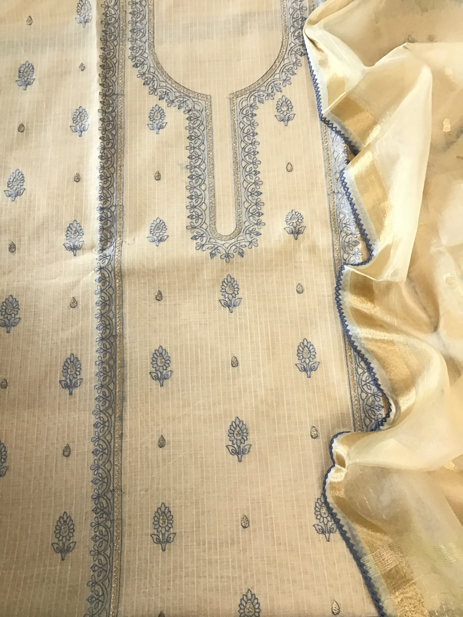 Soft Chanderi Embroidered Suit - BeigeBlue