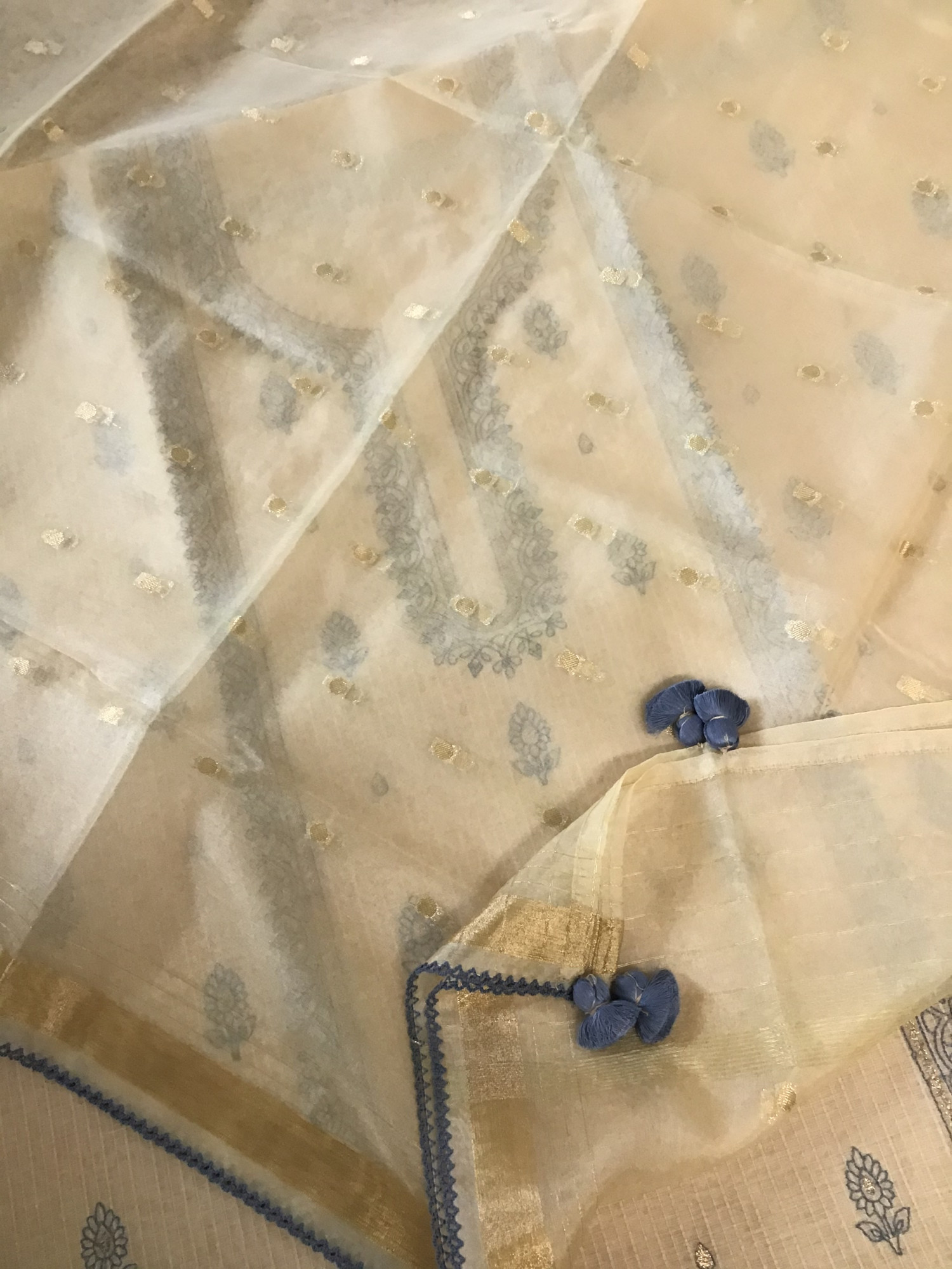 Soft Chanderi Embroidered Suit - BeigeBlue