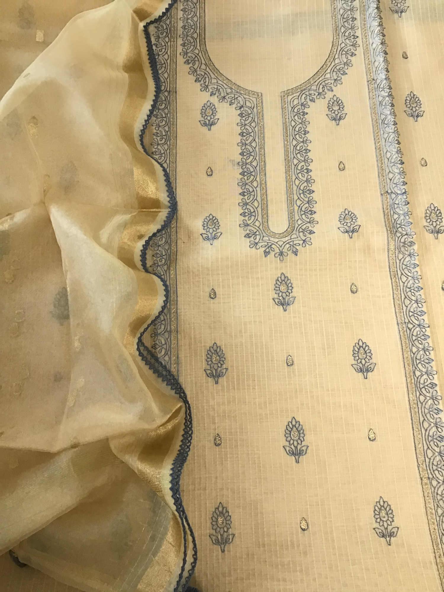 Soft Chanderi Embroidered Suit - BeigeBlue