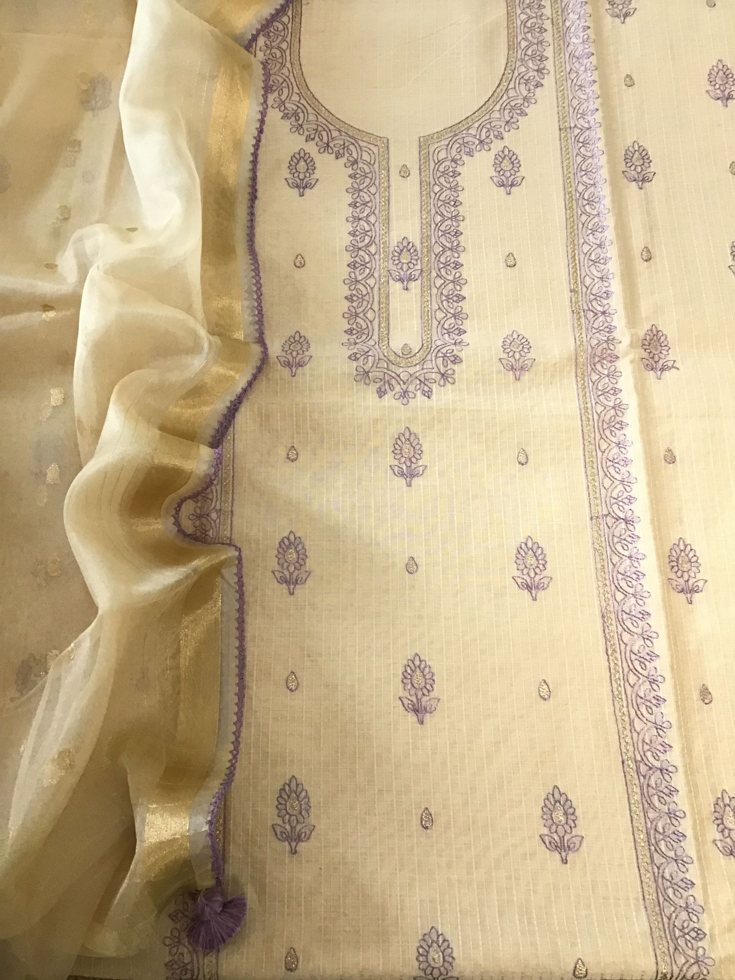 Soft Chanderi Embroidered Suit - BeigePurple