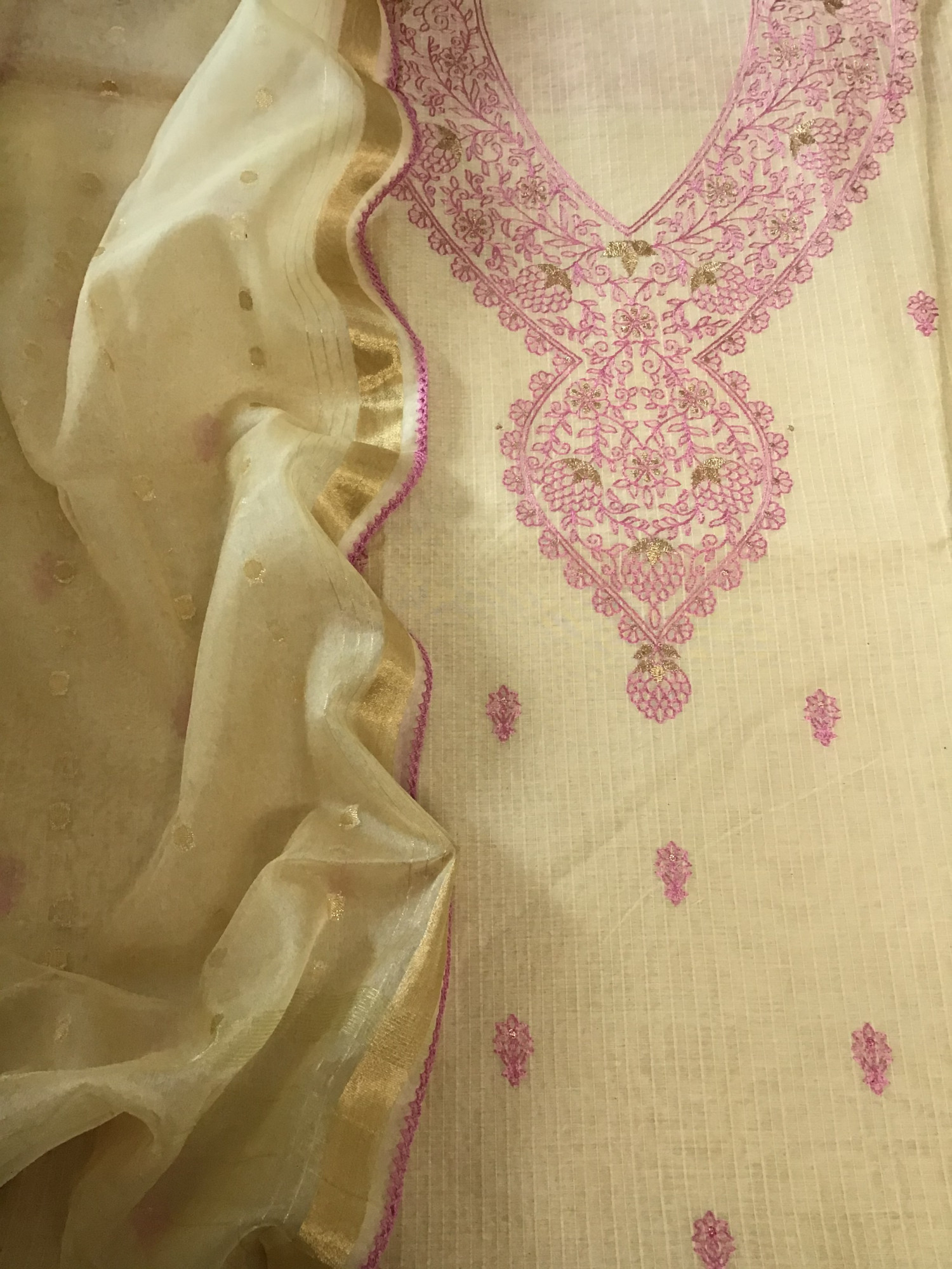 Soft Chanderi Embroidered Suit - BeigePink