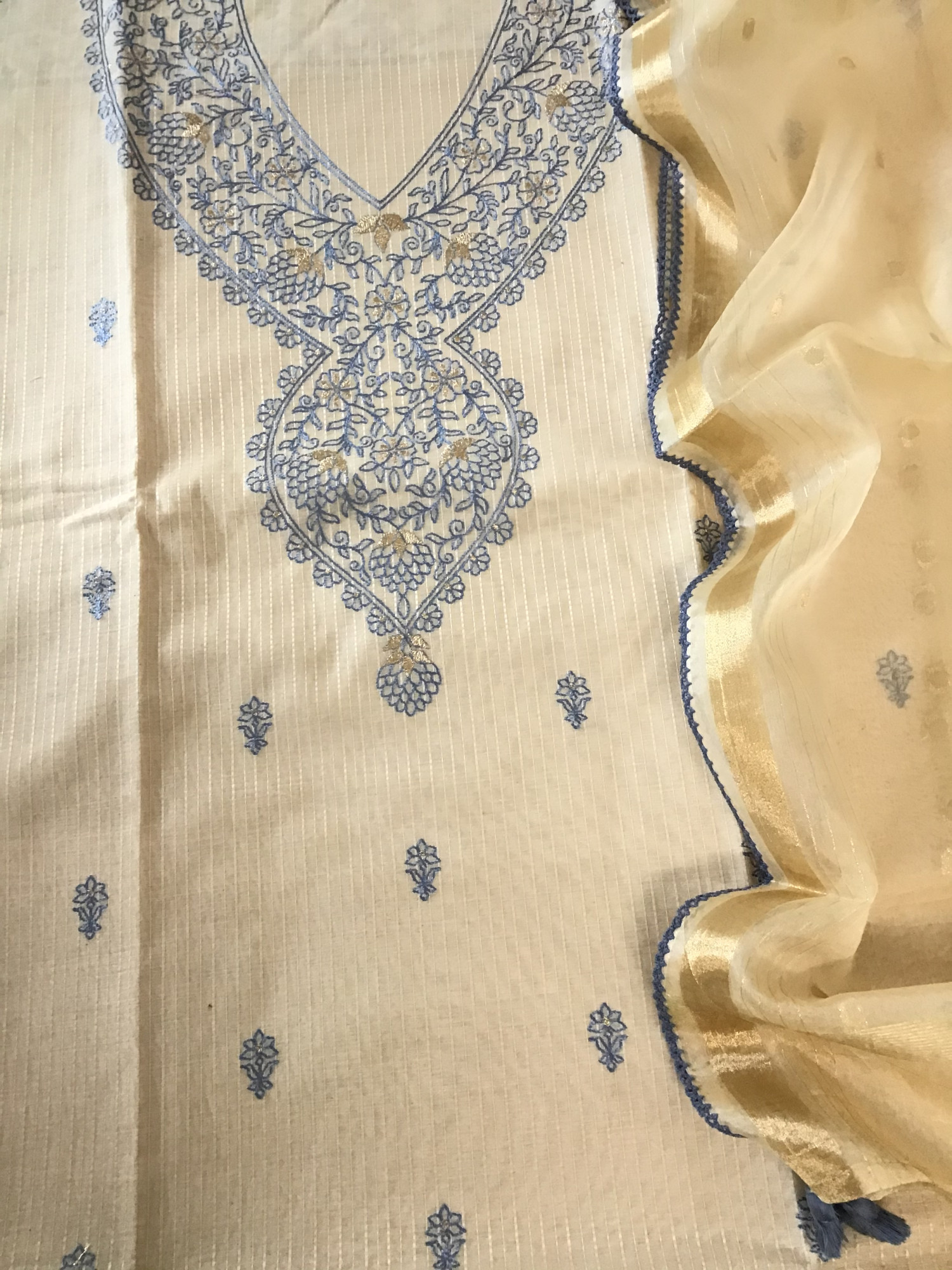 Soft Chanderi Embroidered Suit - BeigeBlue