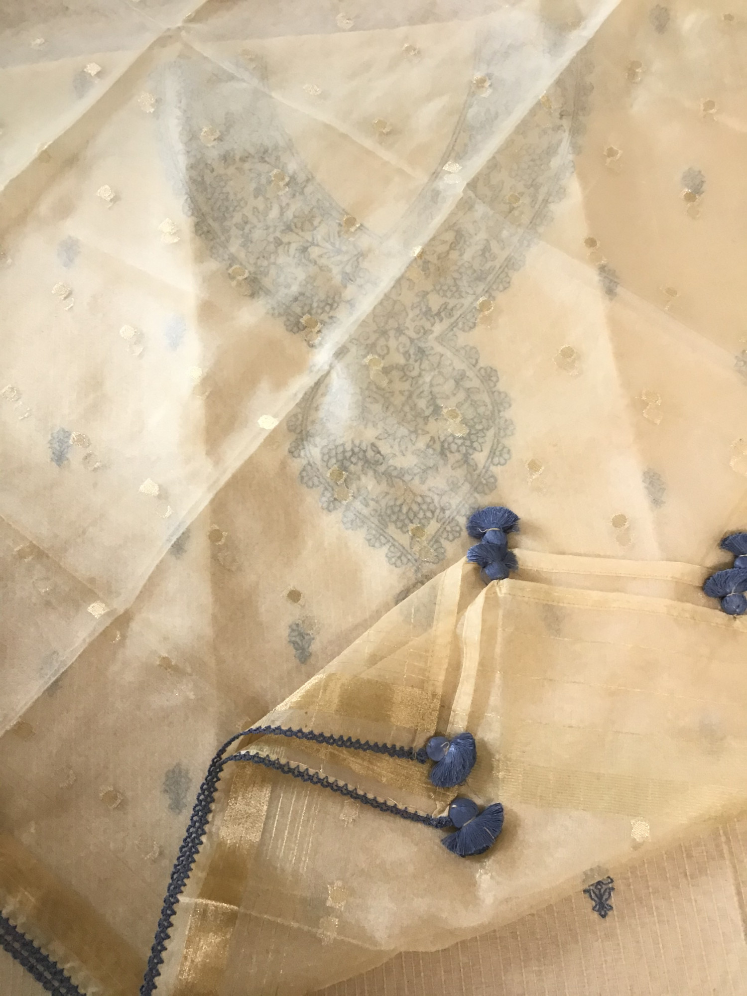 Soft Chanderi Embroidered Suit - BeigeBlue