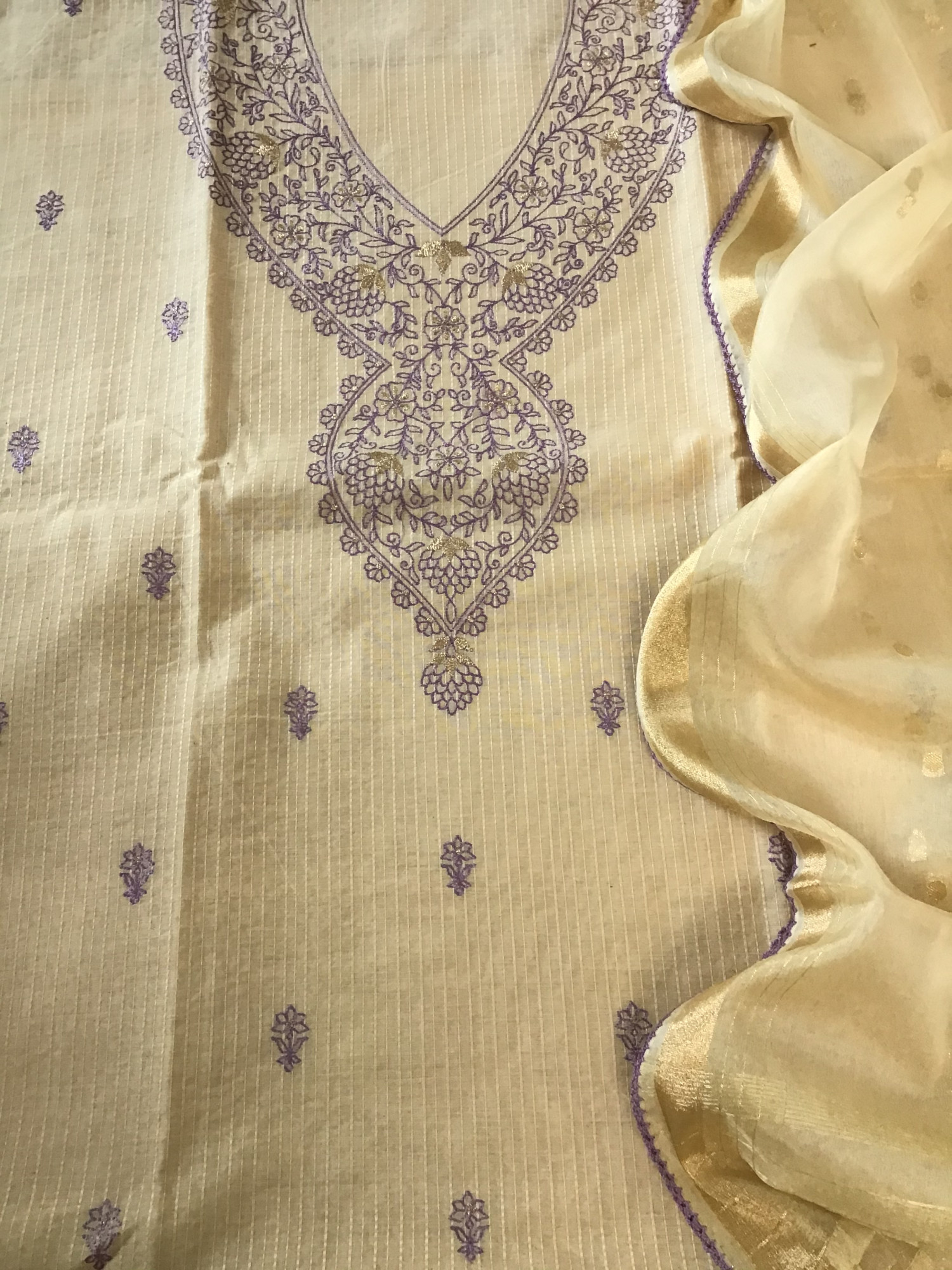 Soft Chanderi Embroidered Suit - BeigePurple
