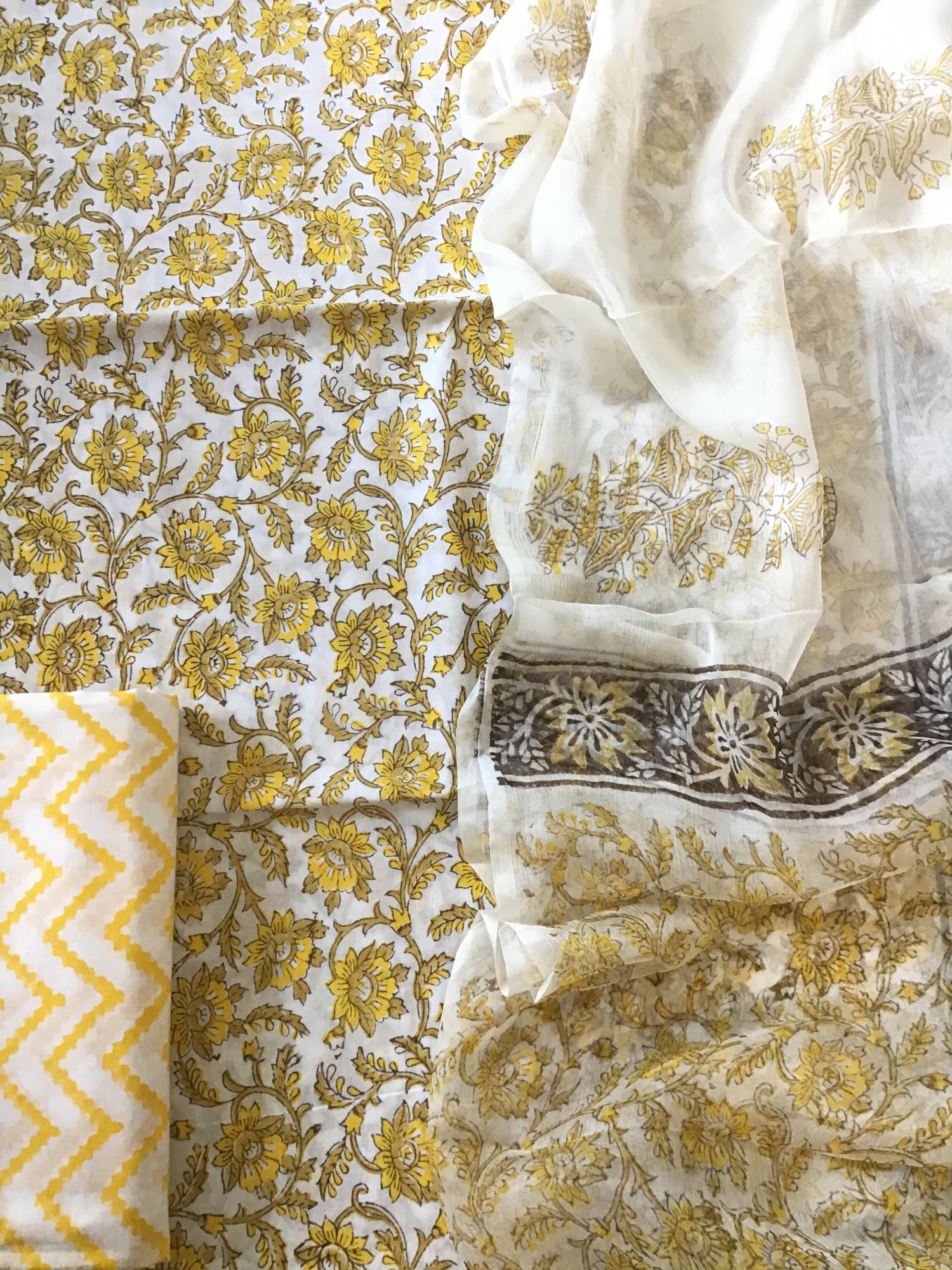 Pure Cotton Printed Suit - WhiteYellow