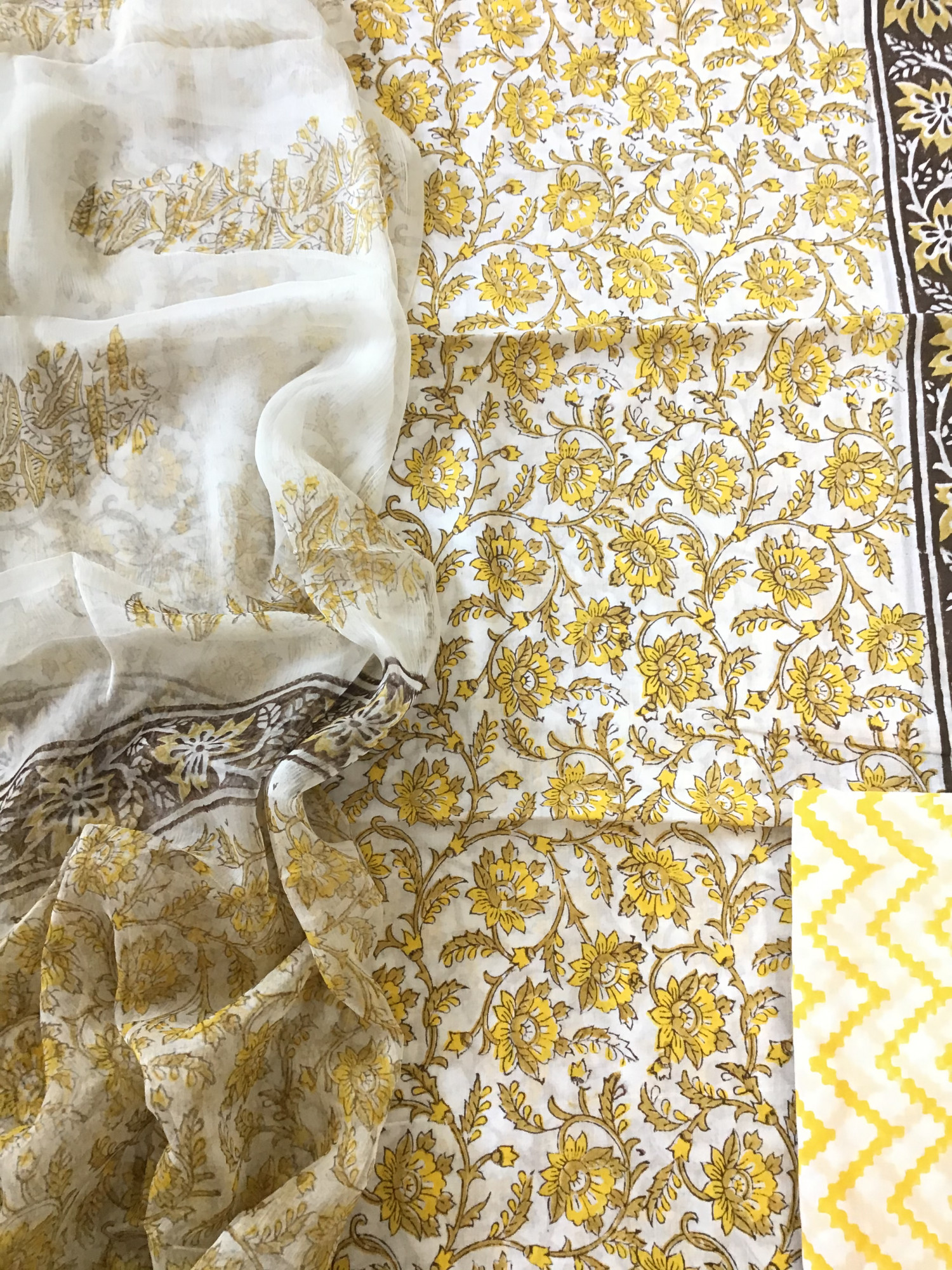 Pure Cotton Printed Suit - WhiteYellow