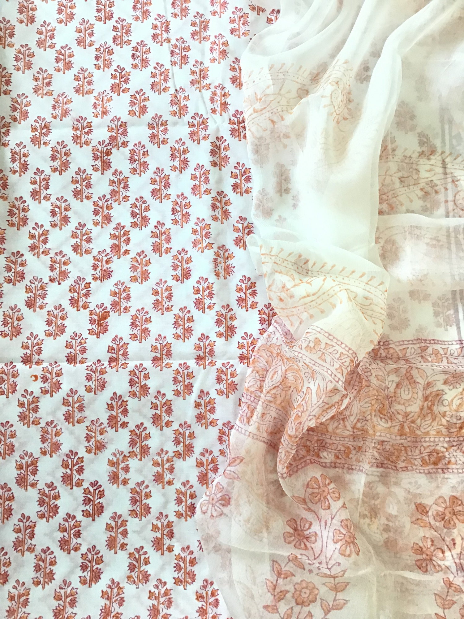 Pure Cotton Printed Suit - WhitePeach