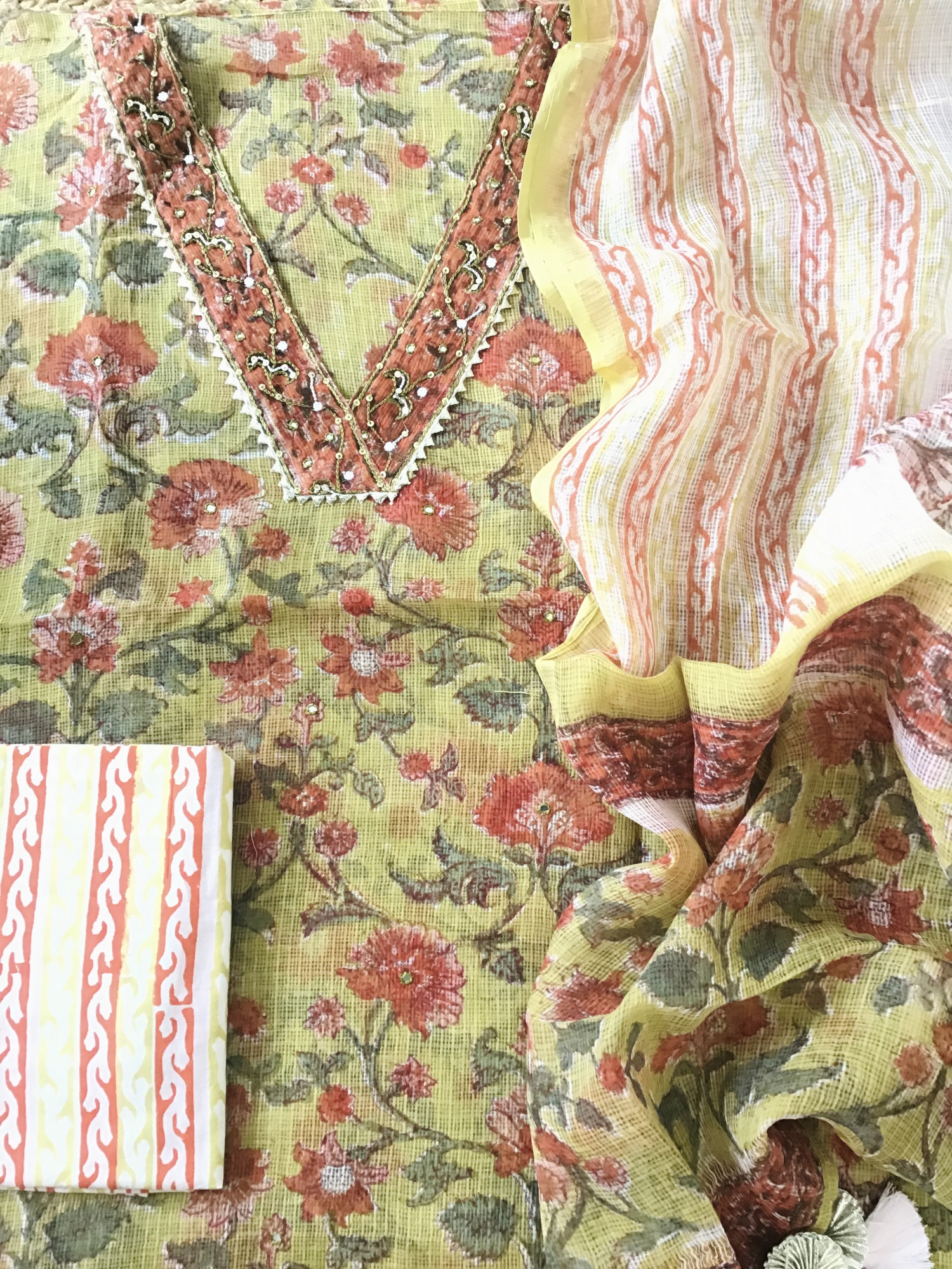 Pure Kota Cotton Printed Embroidered Suit - Yellow