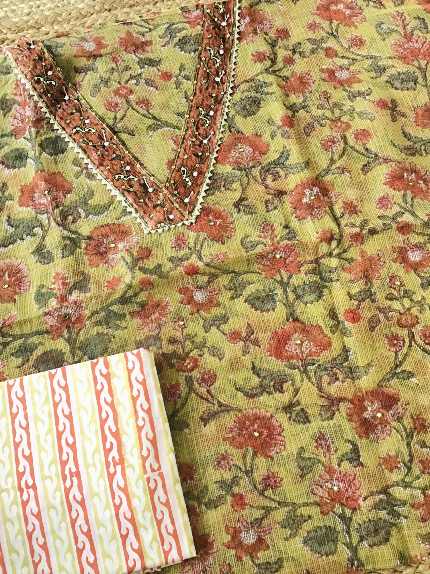 Pure Kota Cotton Printed Embroidered Suit - Yellow