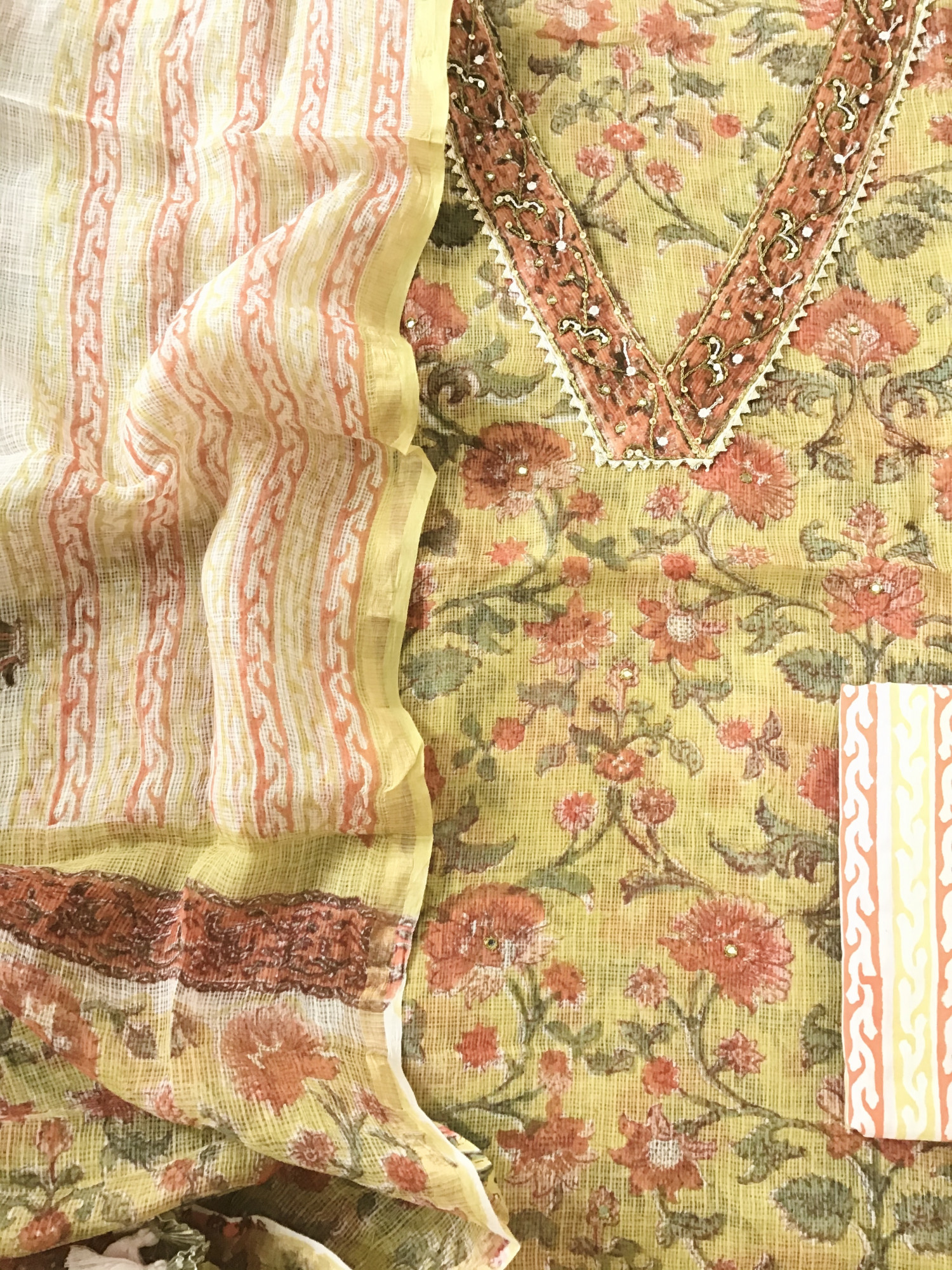 Pure Kota Cotton Printed Embroidered Suit - Yellow