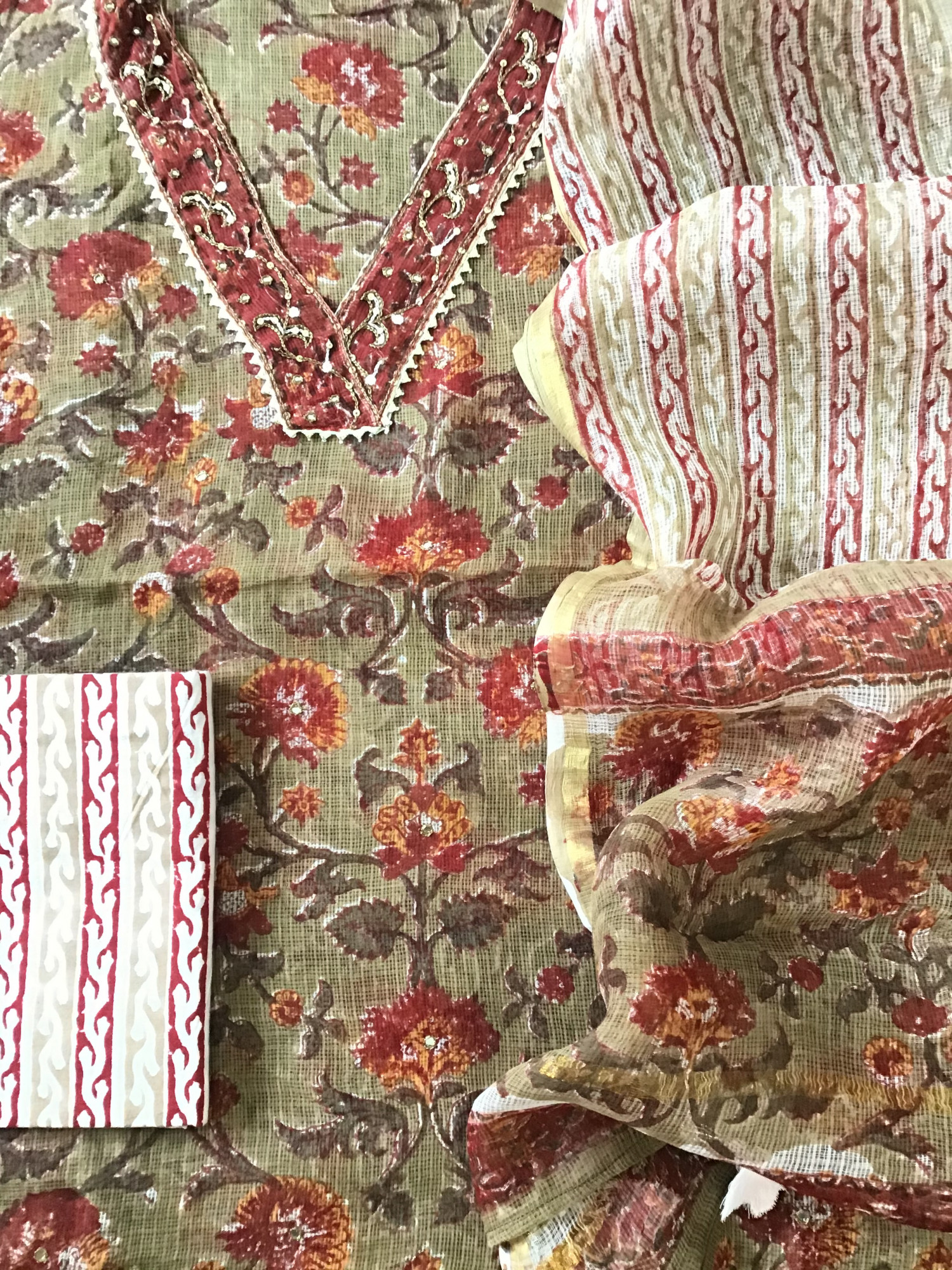 Pure Kota Cotton Printed Embroidered Suit - Brown