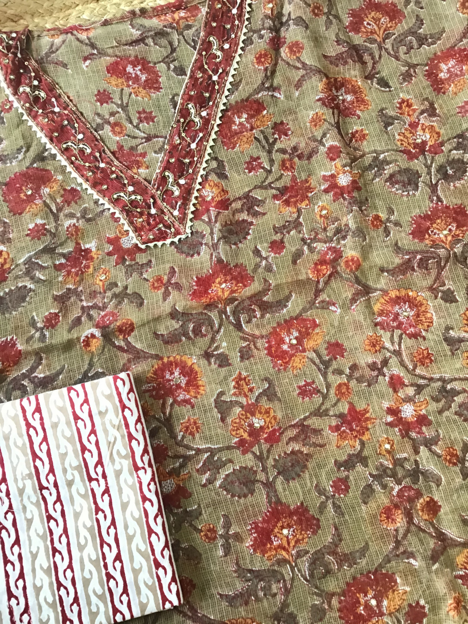 Pure Kota Cotton Printed Embroidered Suit - Brown