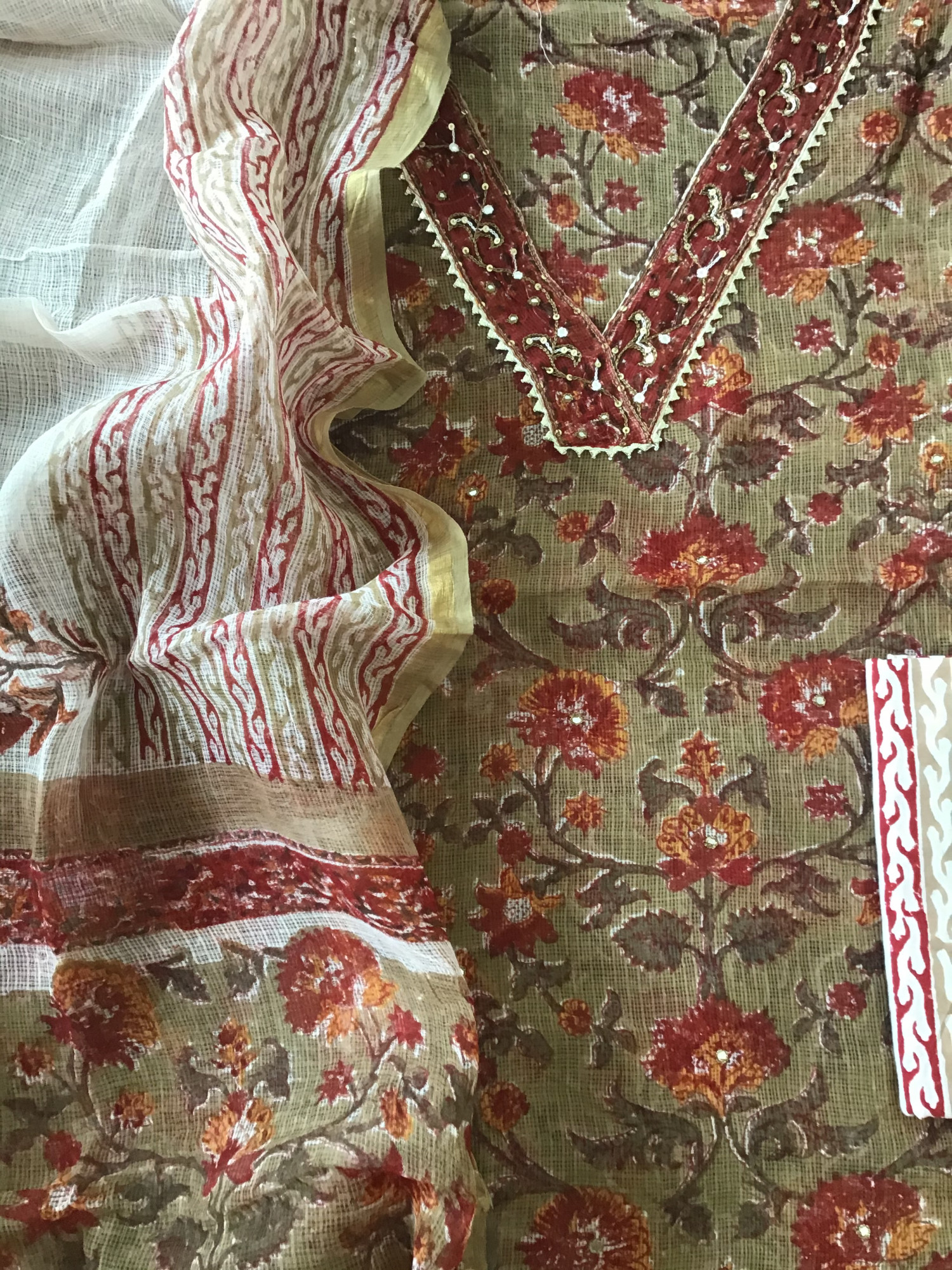 Pure Kota Cotton Printed Embroidered Suit - Brown