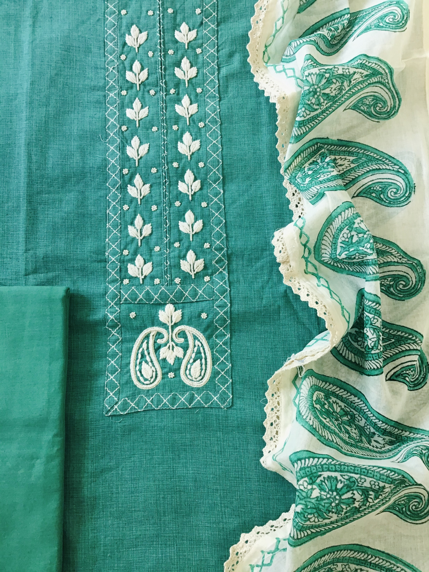 Pure Cotton Embroidered Suit - Green