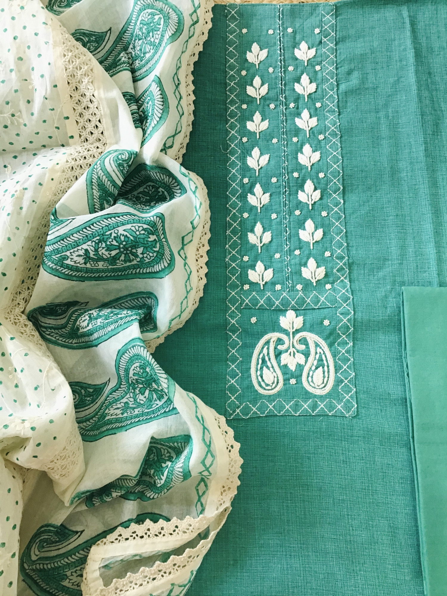 Pure Cotton Embroidered Suit - Green