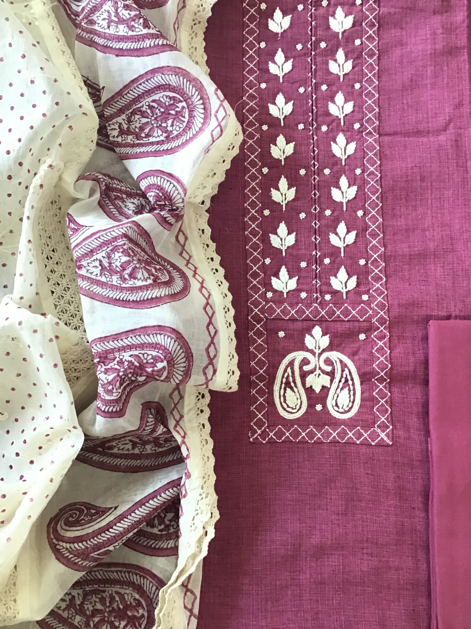 Pure Cotton Embroidered Suit - Magenta