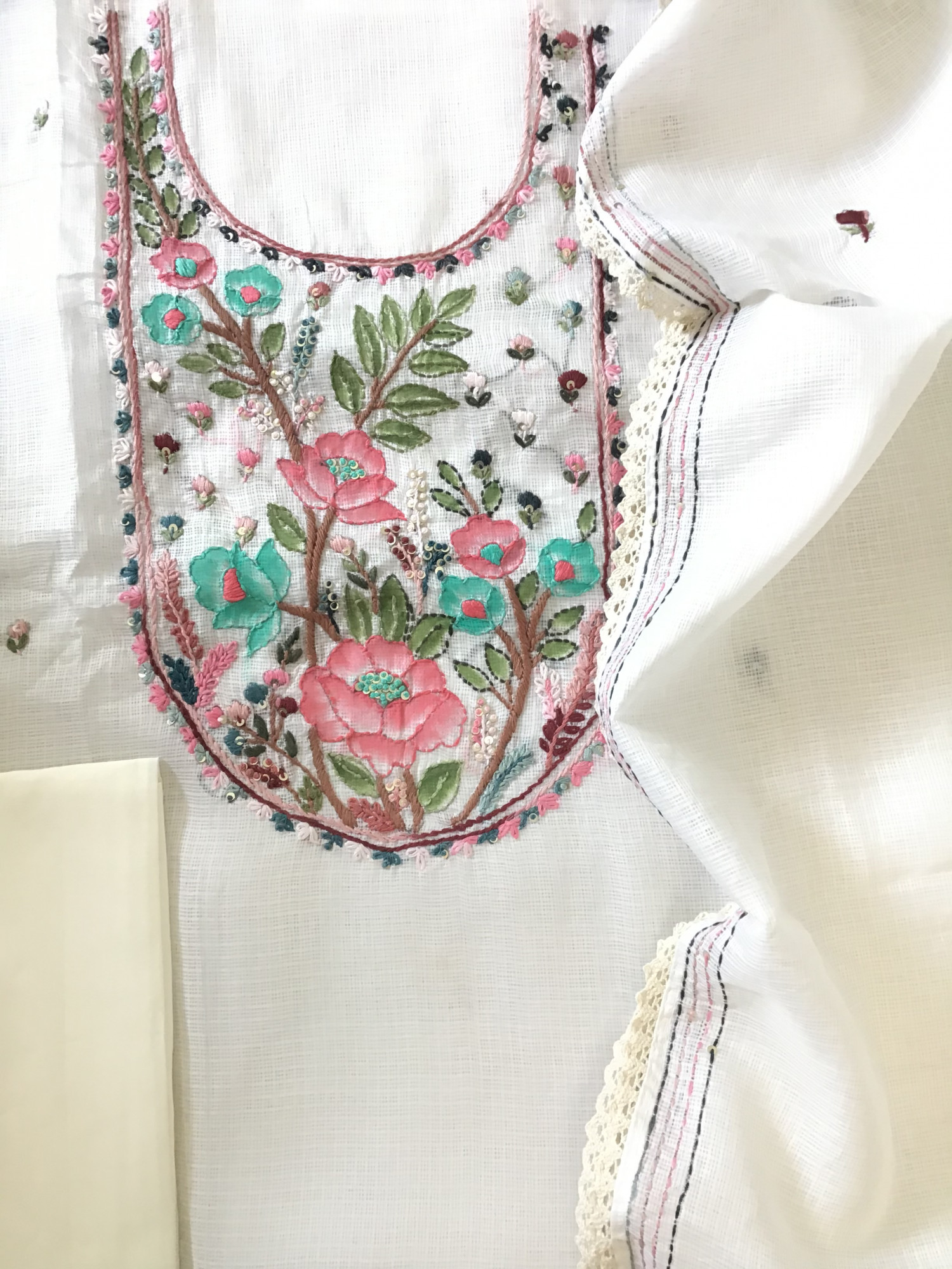 Soft Kota Silk Brush Painted Embroidered Suit - White