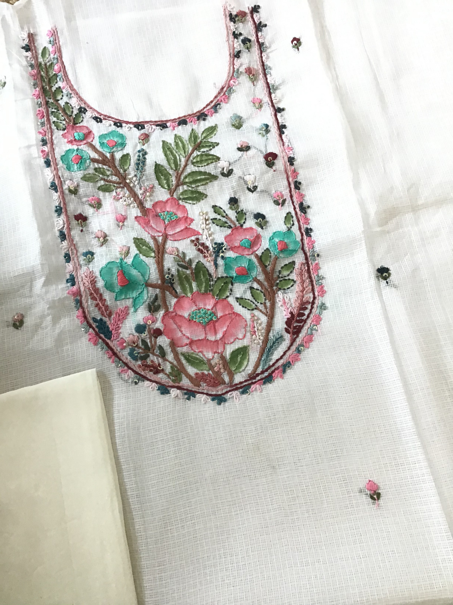 Soft Kota Silk Brush Painted Embroidered Suit - White