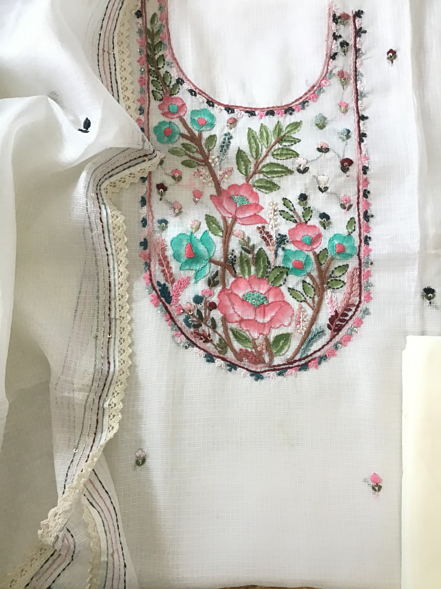 Soft Kota Silk Brush Painted Embroidered Suit - White