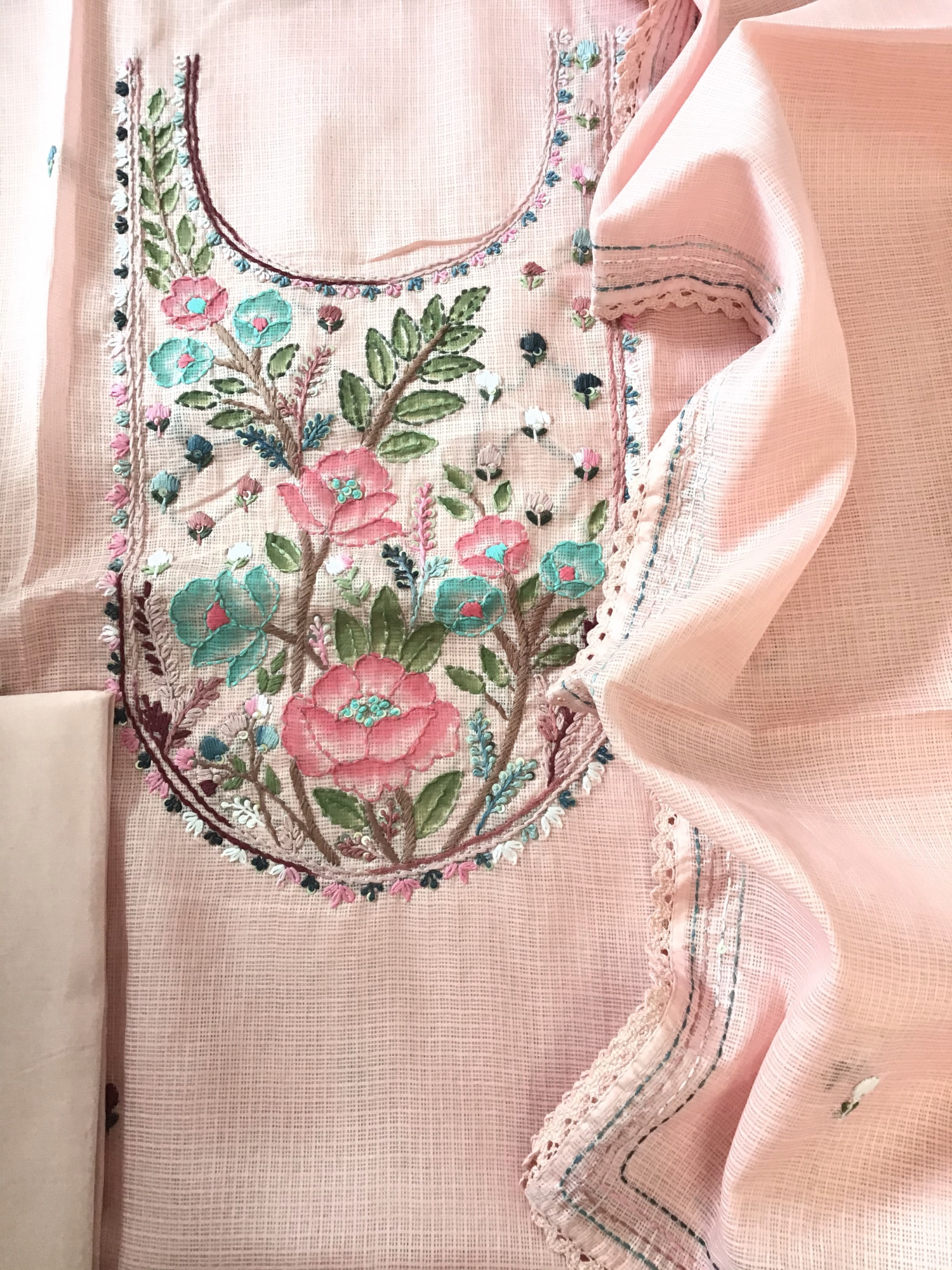 Soft Kota Silk Brush Painted Embroidered Suit - Peach