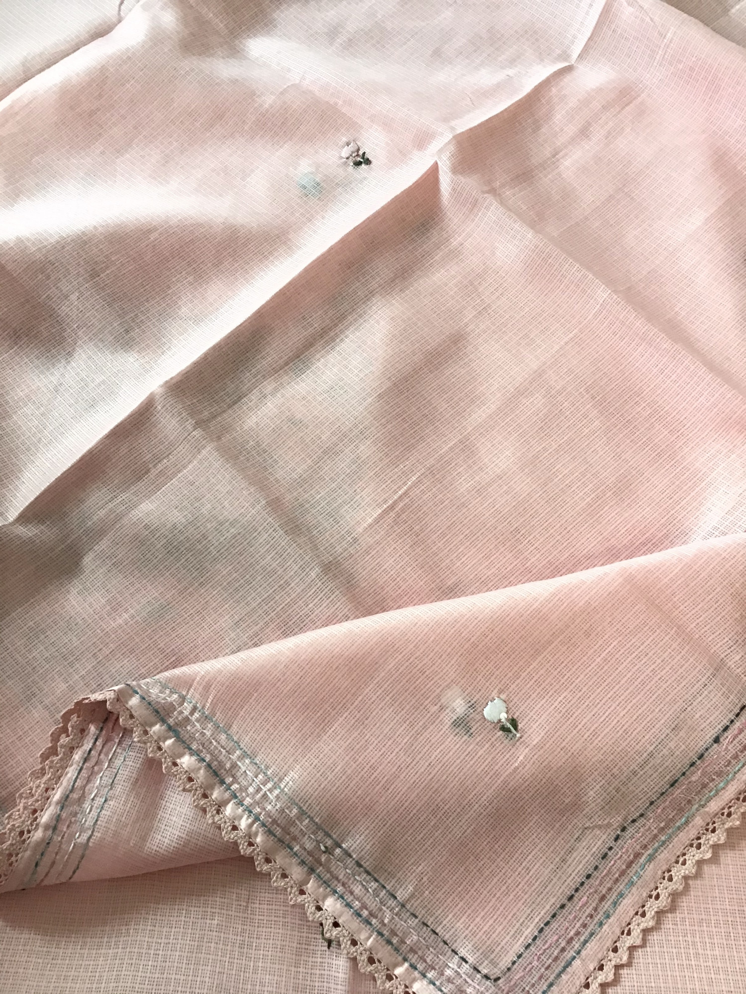 Soft Kota Silk Brush Painted Embroidered Suit - Peach