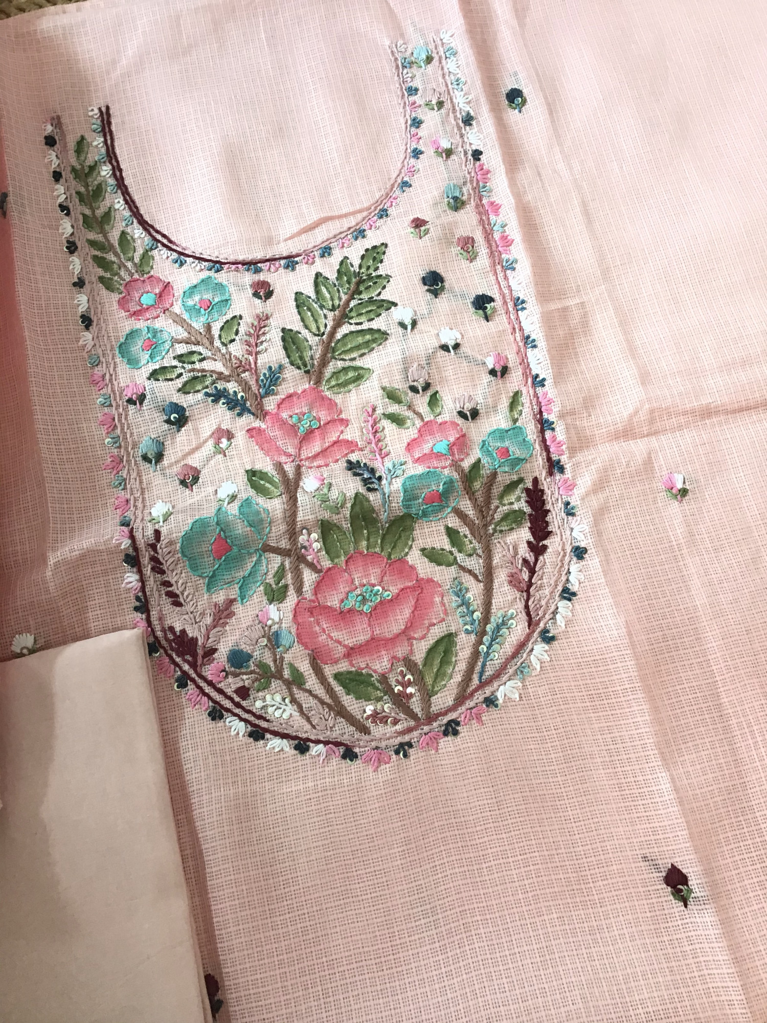 Soft Kota Silk Brush Painted Embroidered Suit - Peach