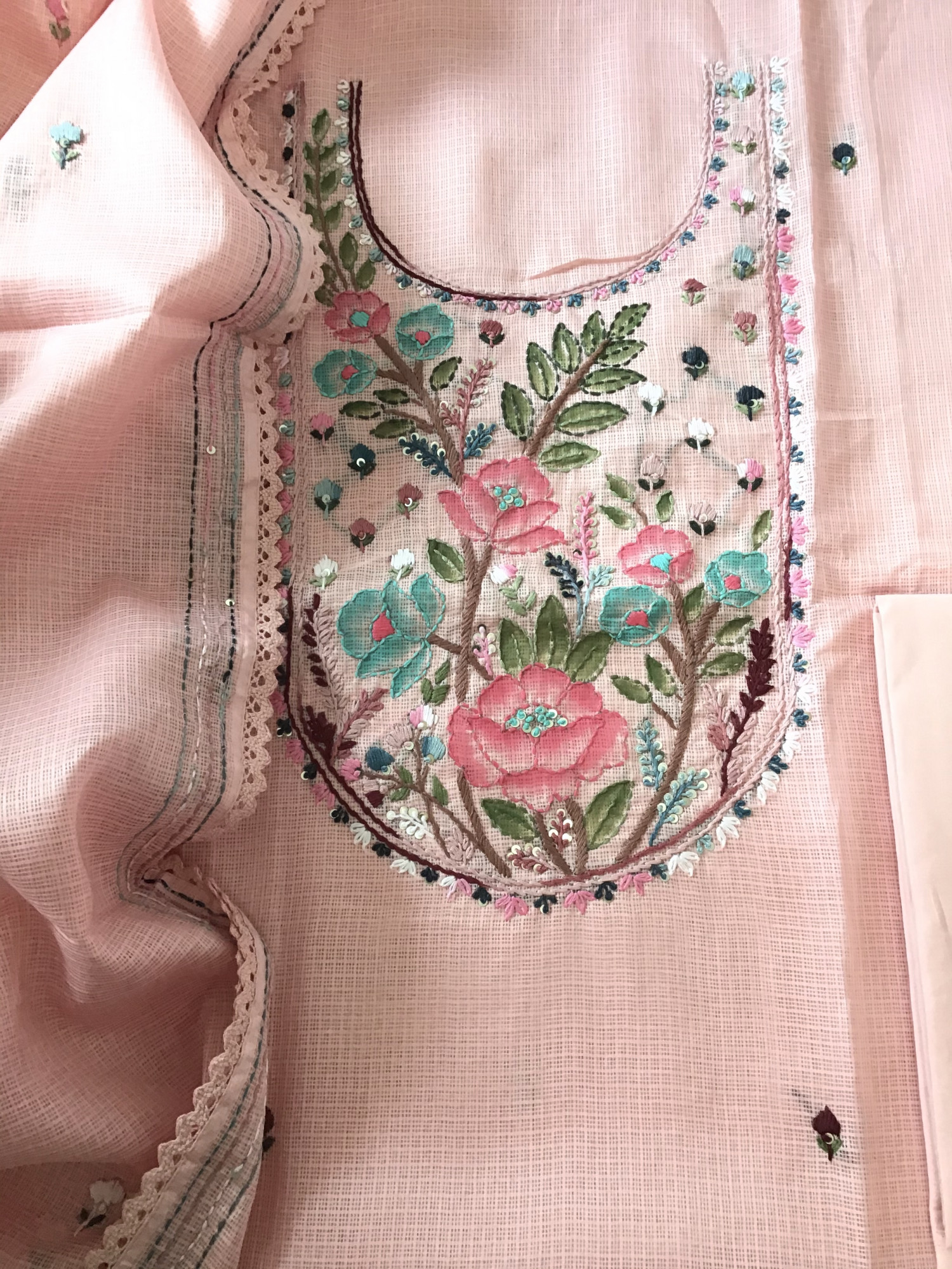 Soft Kota Silk Brush Painted Embroidered Suit - Peach