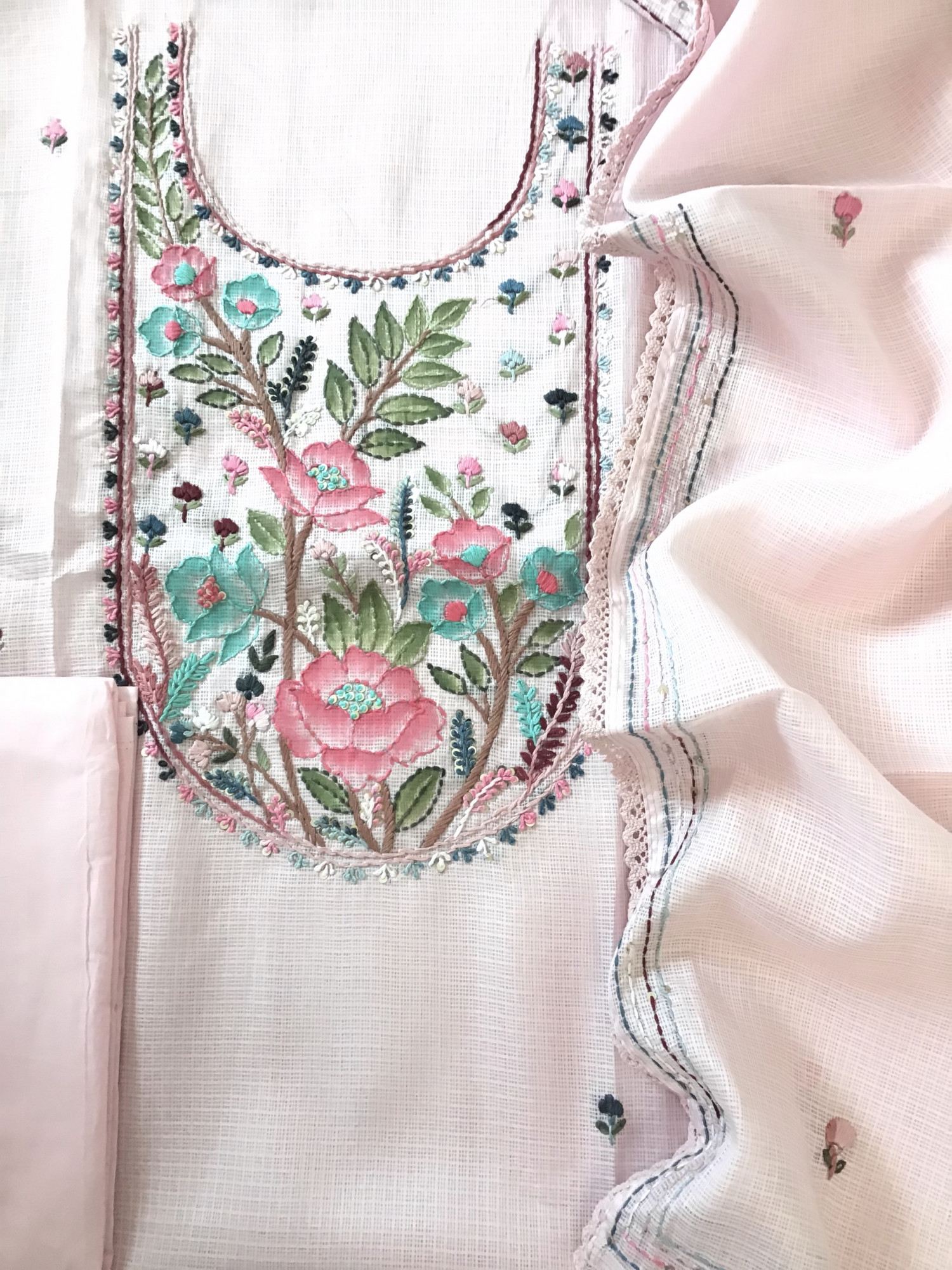 Soft Kota Silk Brush Painted Embroidered Suit - Pink