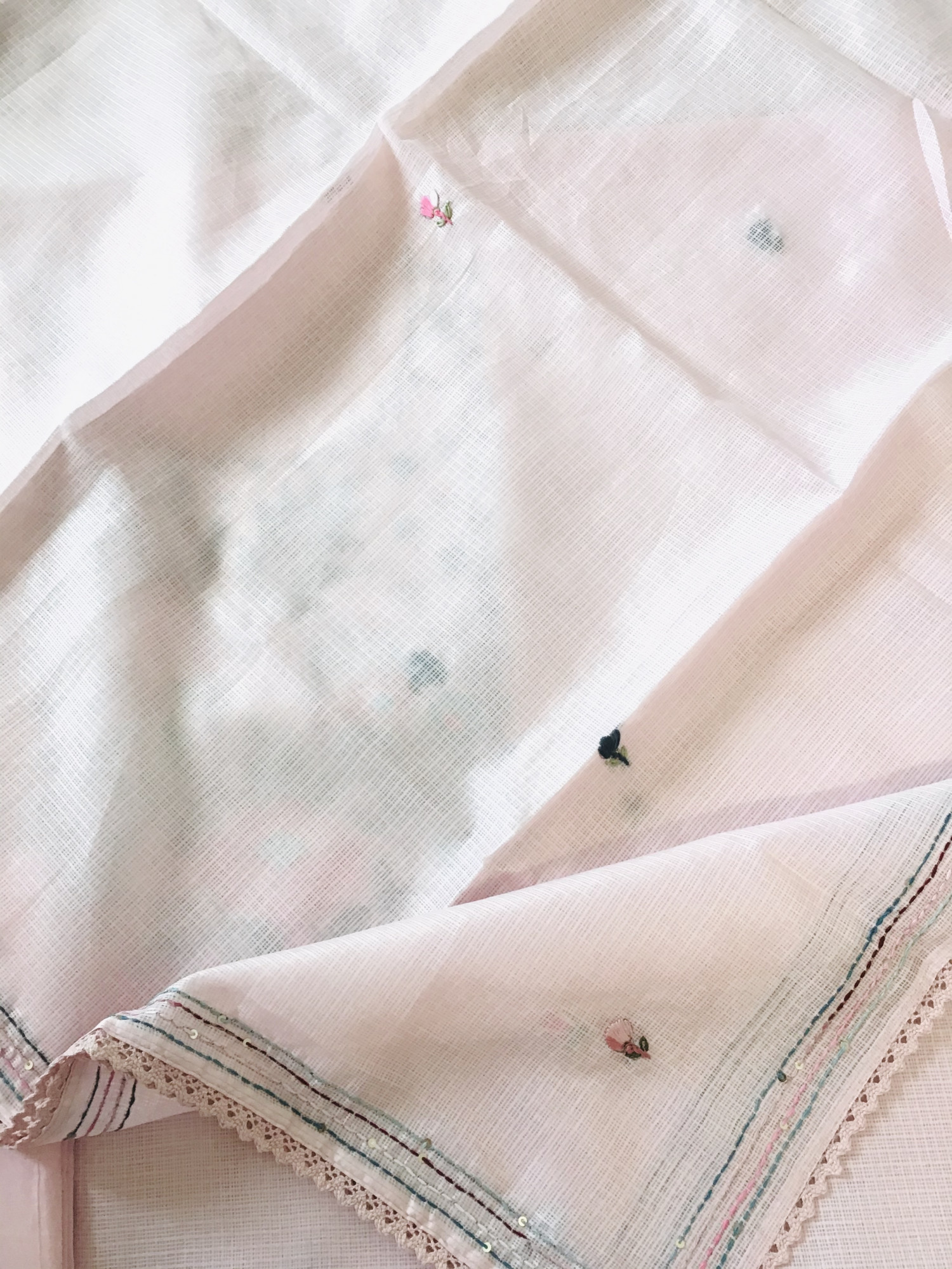 Soft Kota Silk Brush Painted Embroidered Suit - Pink