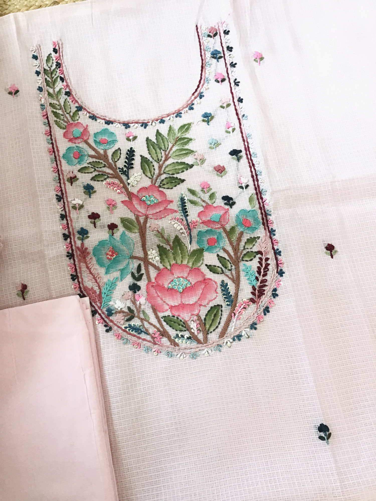 Soft Kota Silk Brush Painted Embroidered Suit - Pink