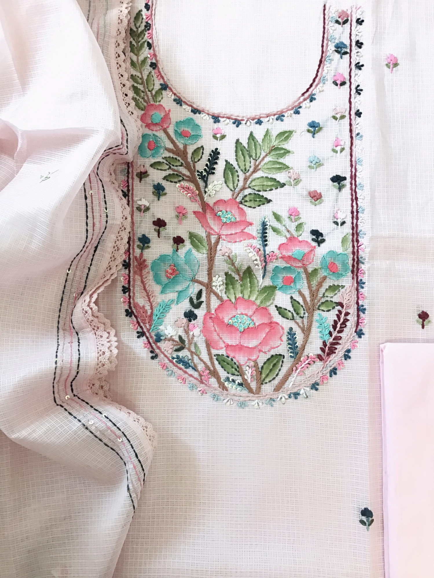 Soft Kota Silk Brush Painted Embroidered Suit - Pink