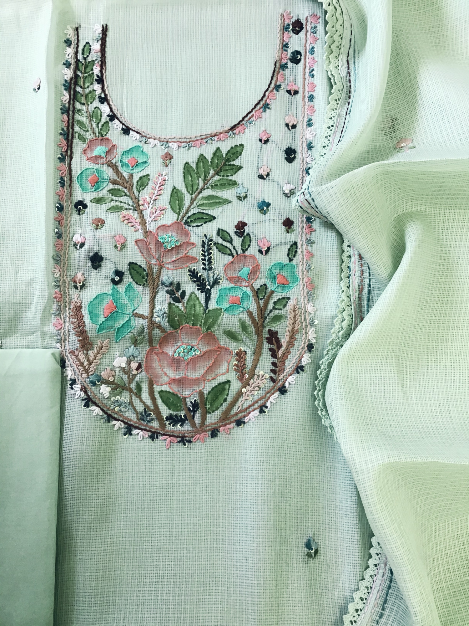 Soft Kota Silk Brush Painted Embroidered Suit - Green