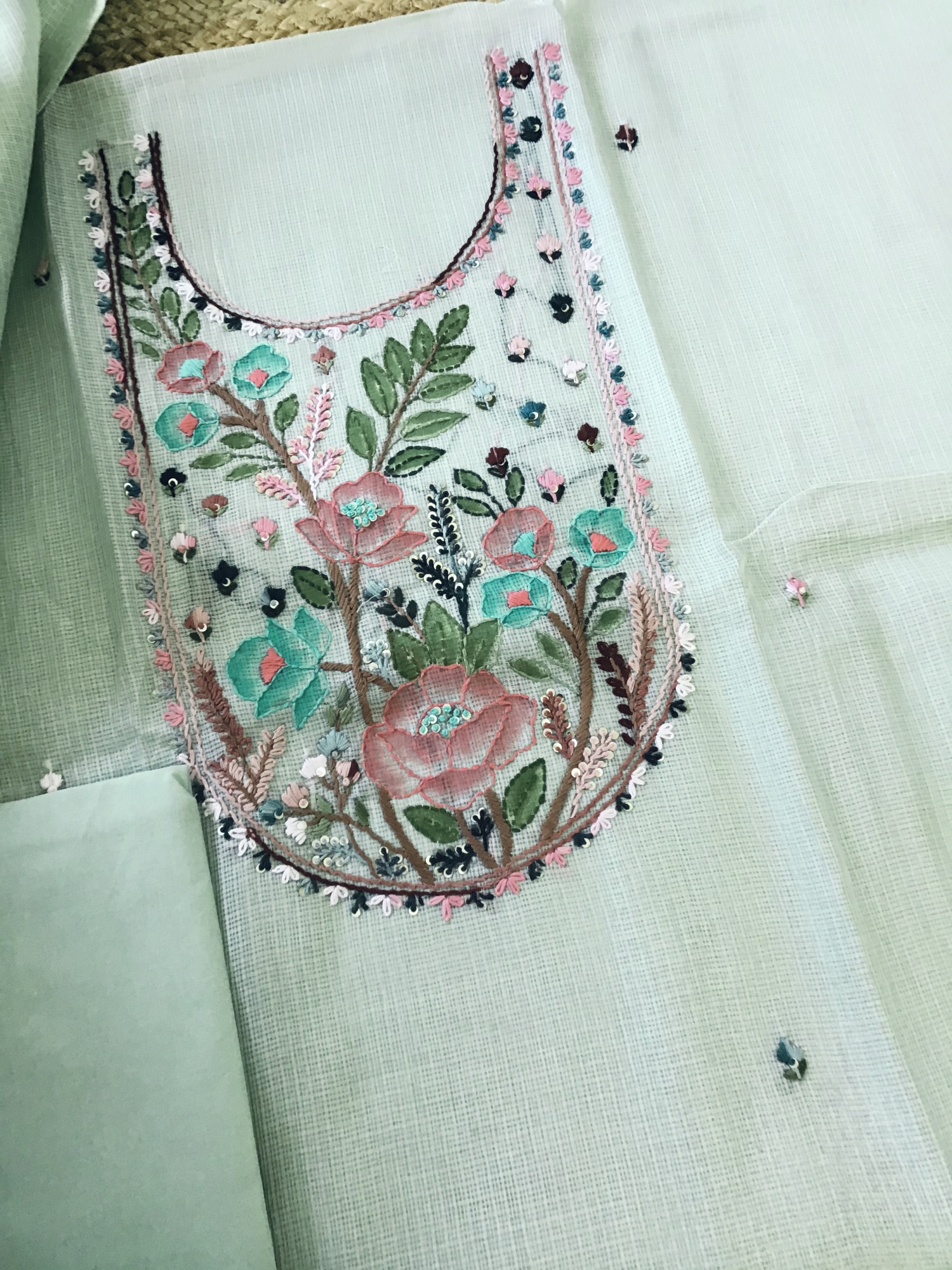 Soft Kota Silk Brush Painted Embroidered Suit - Green