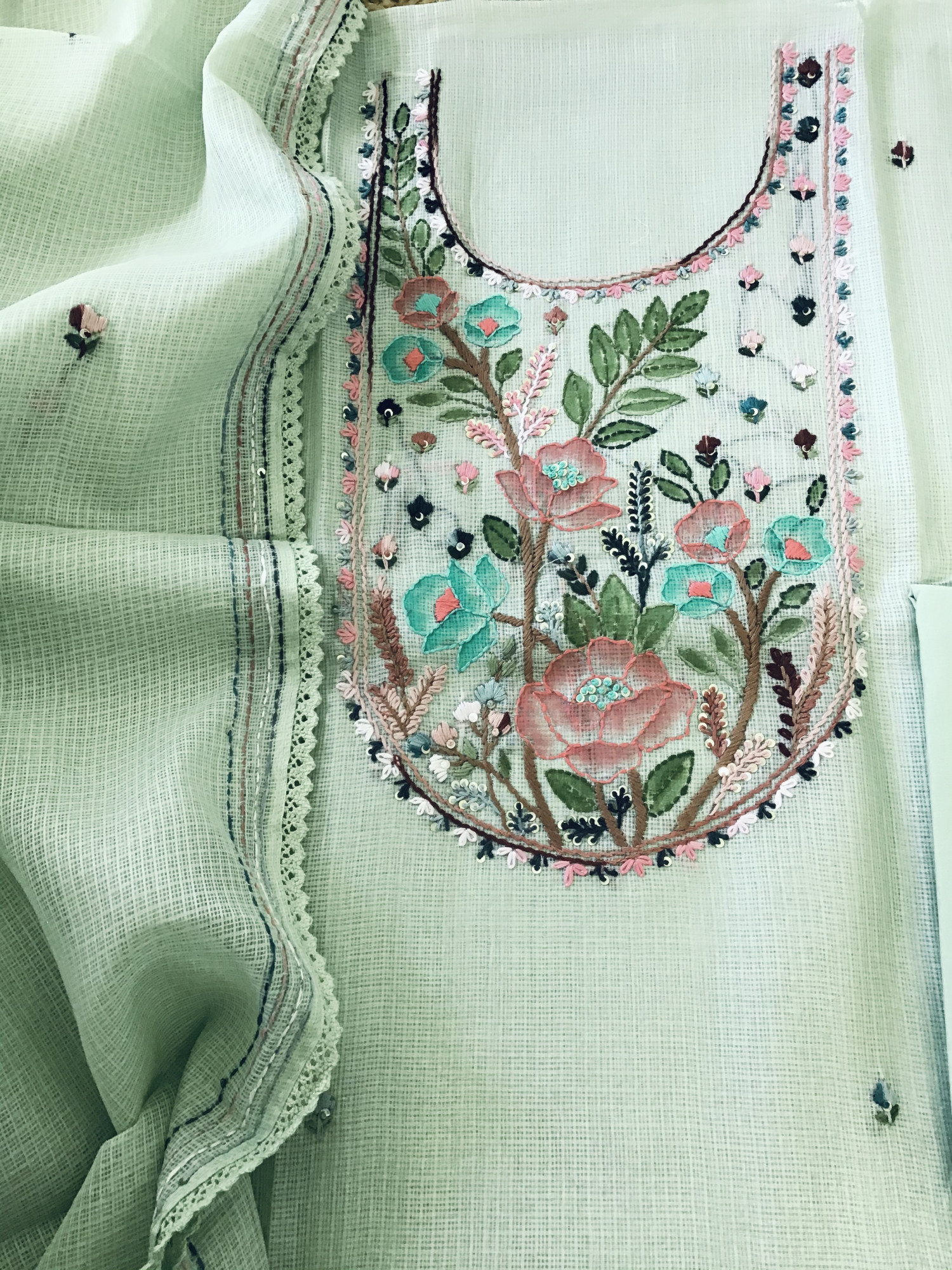 Soft Kota Silk Brush Painted Embroidered Suit - Green