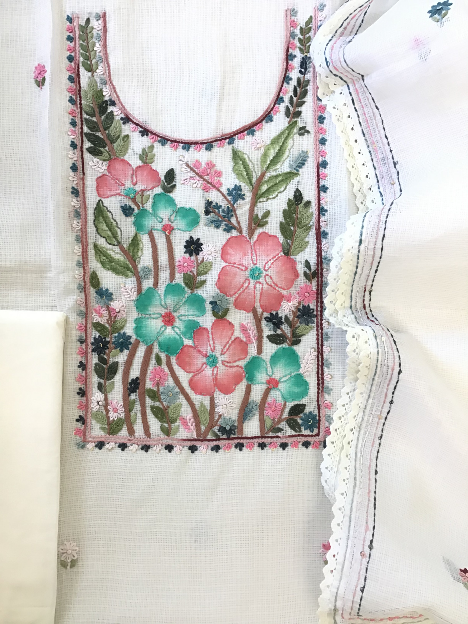 Soft Kota Silk Brush Painted Embroidered Suit - White