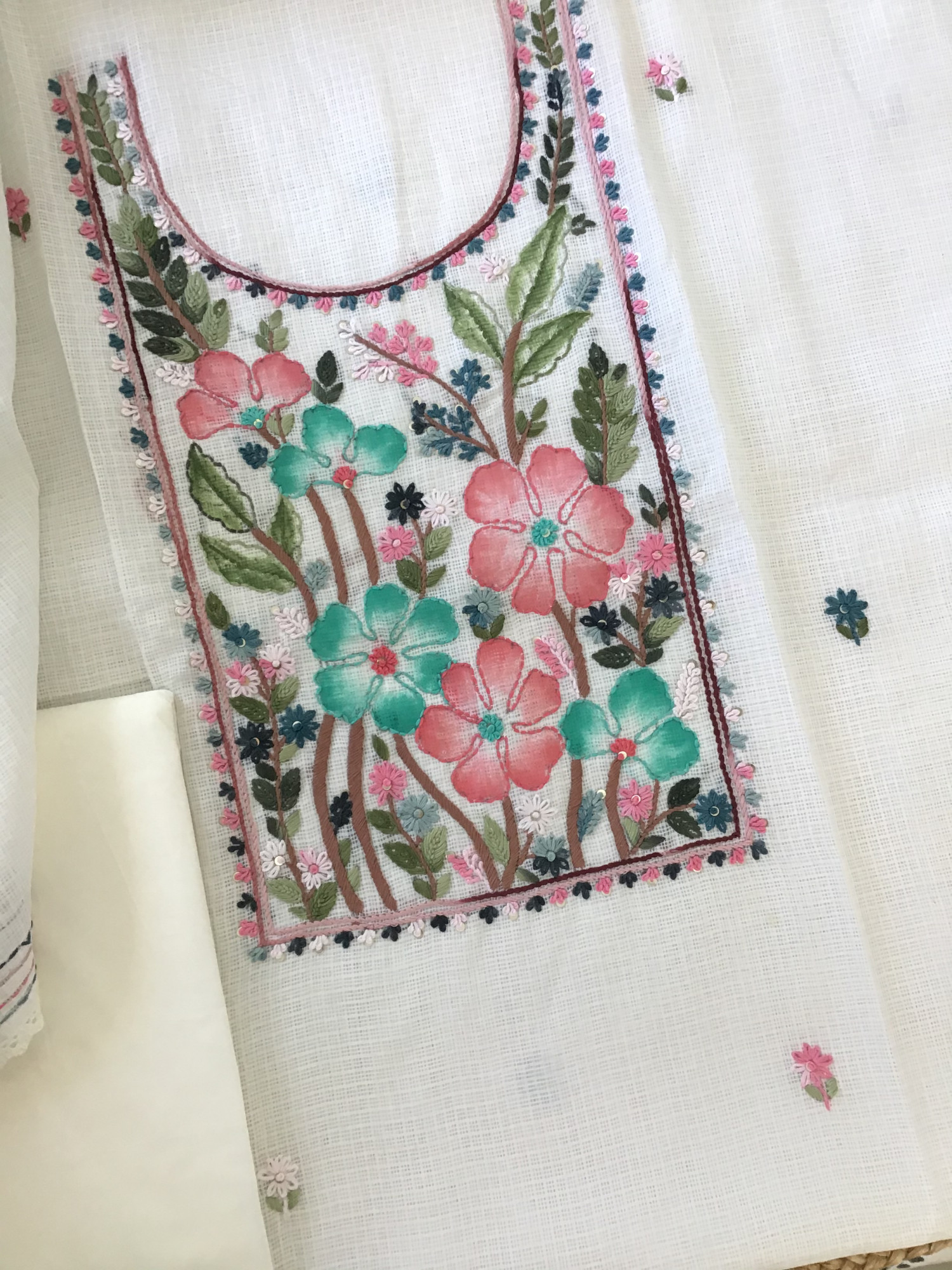 Soft Kota Silk Brush Painted Embroidered Suit - White