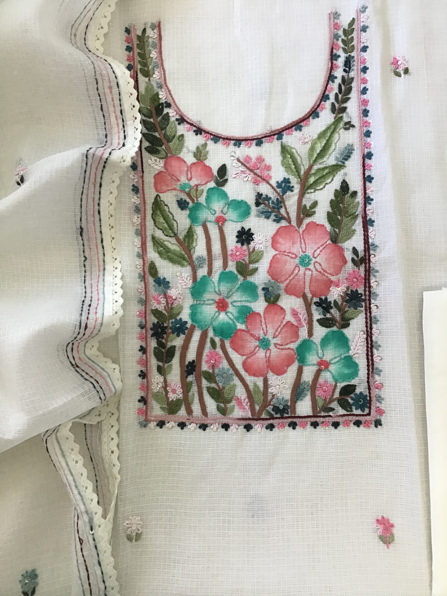 Soft Kota Silk Brush Painted Embroidered Suit - White