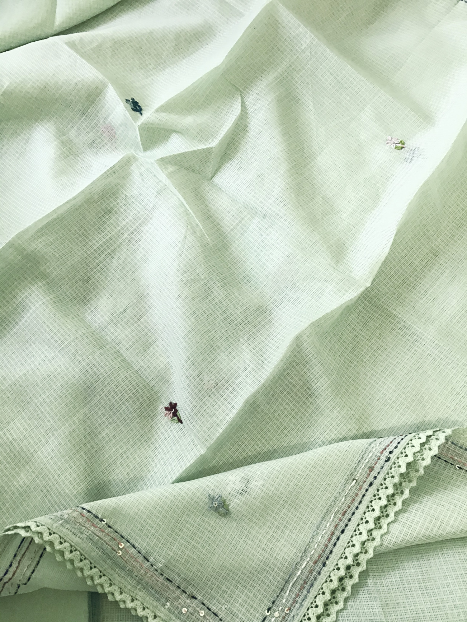 Soft Kota Silk Brush Painted Embroidered Suit - Green