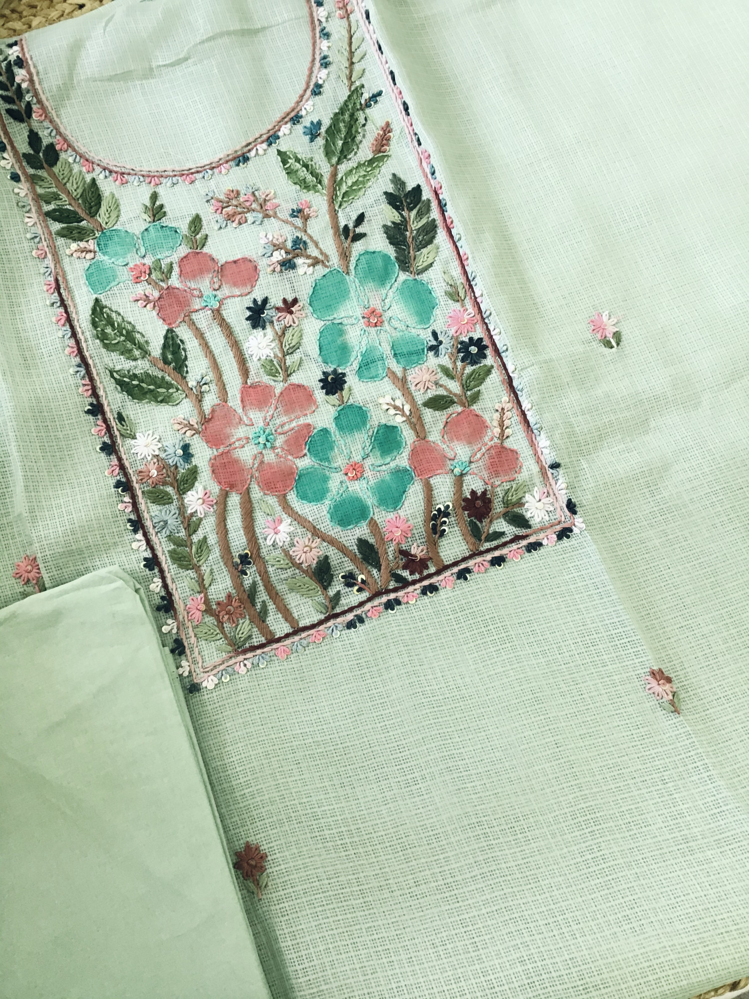 Soft Kota Silk Brush Painted Embroidered Suit - Green