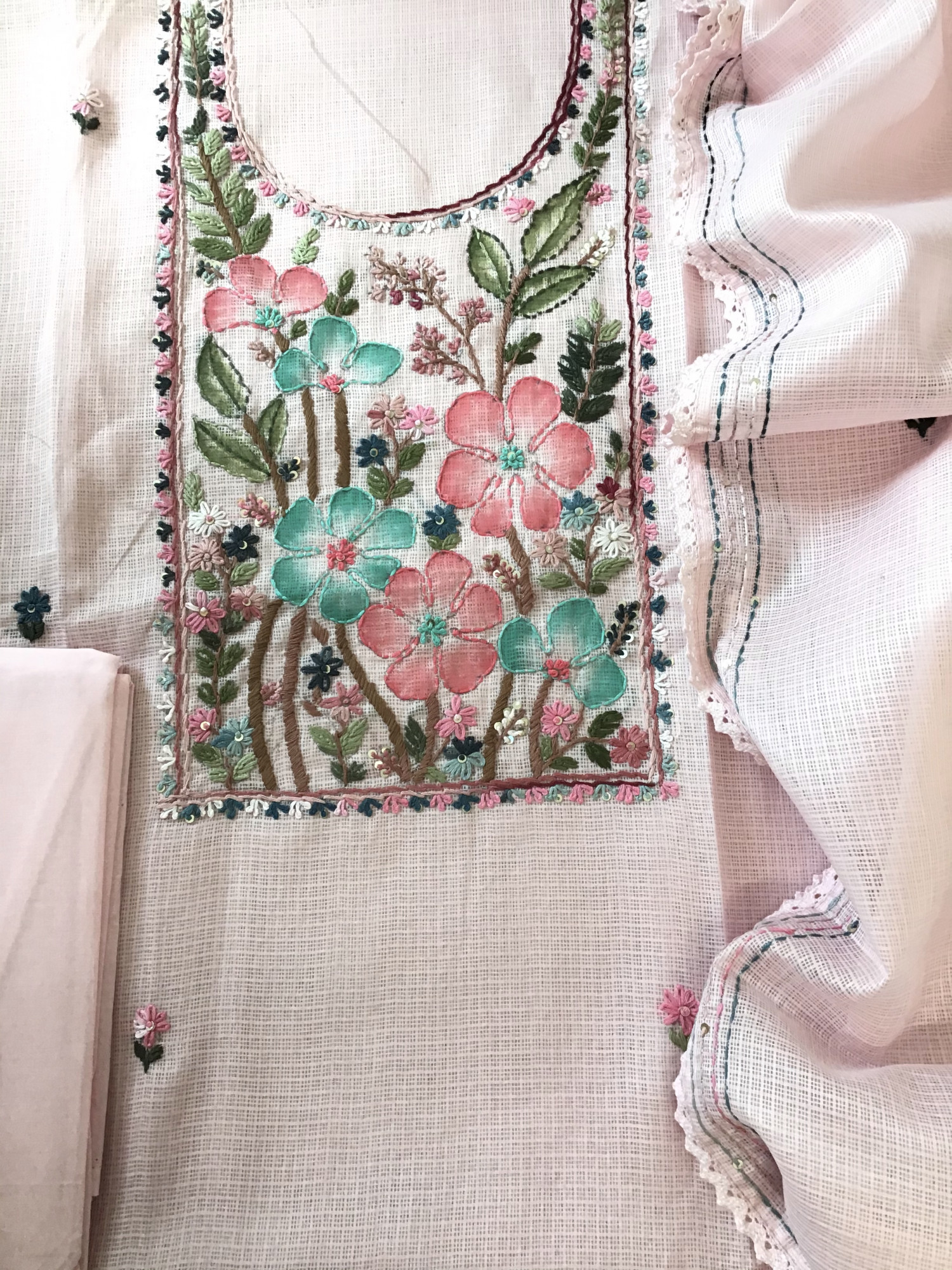 Soft Kota Silk Brush Painted Embroidered Suit - Pink