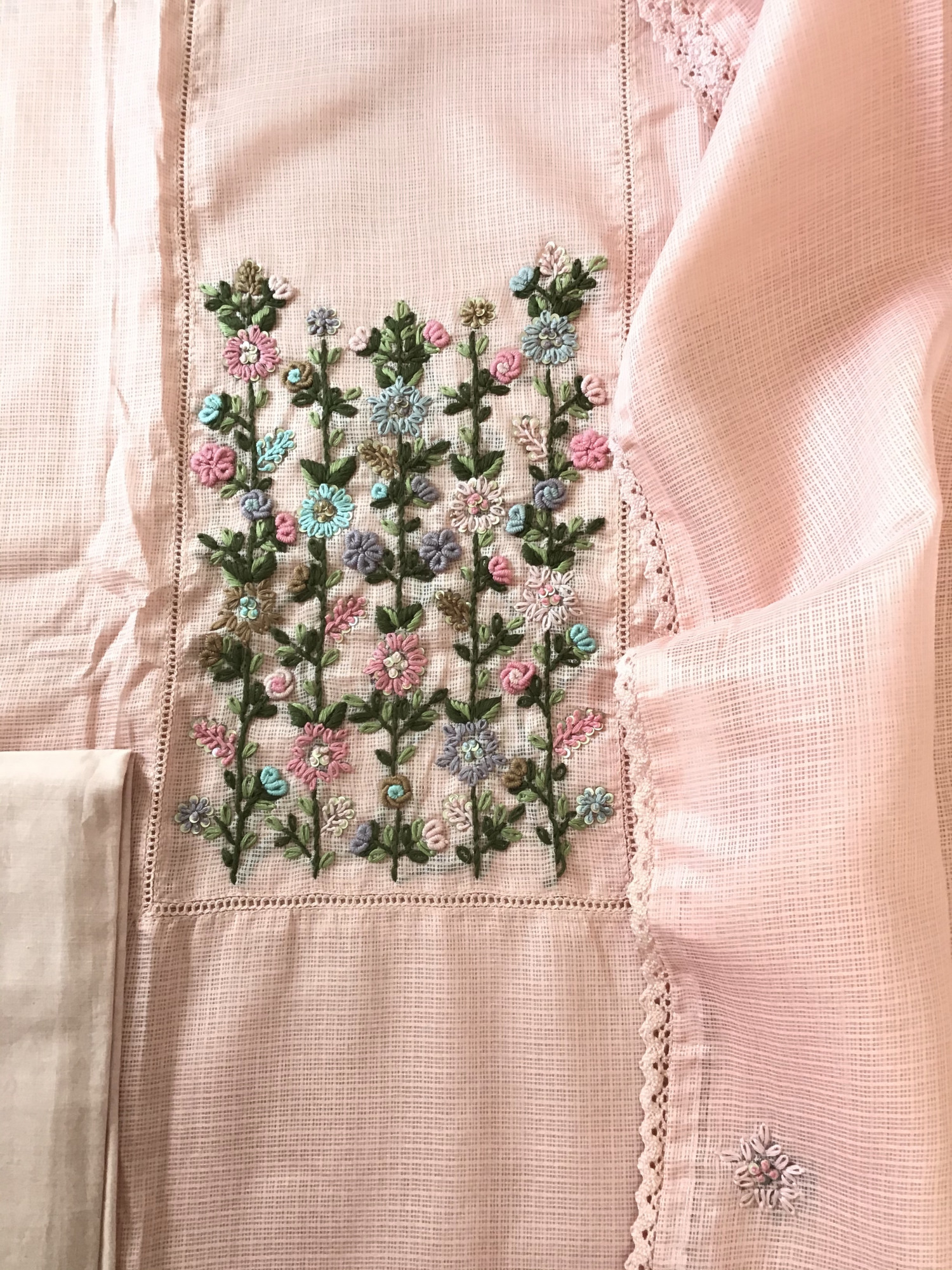 Soft Kota Silk Embroidered Suit - Peach