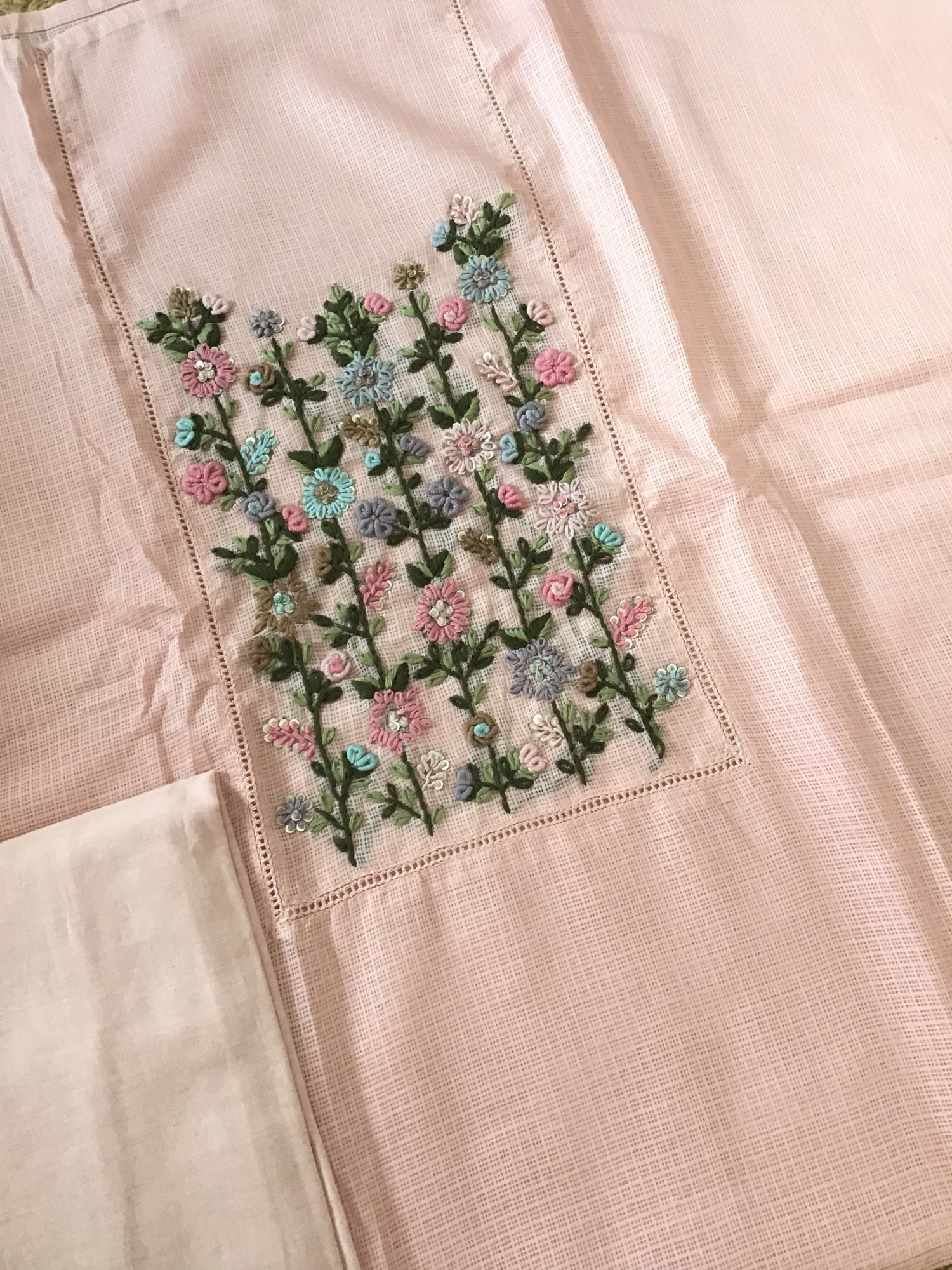 Soft Kota Silk Embroidered Suit - Peach