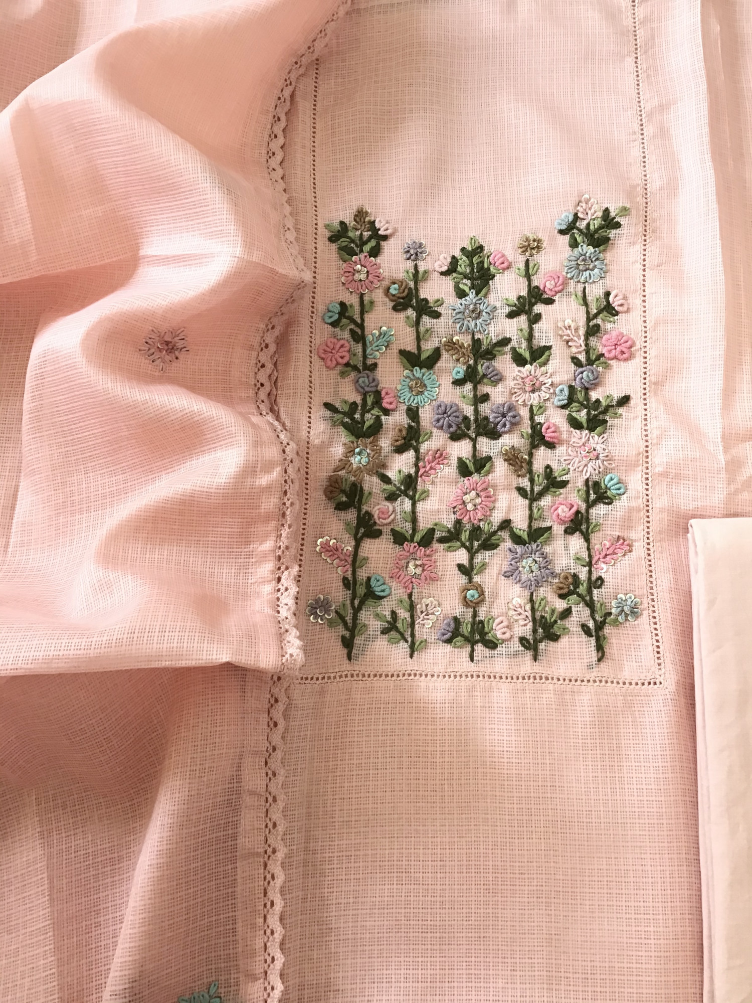 Soft Kota Silk Embroidered Suit - Peach