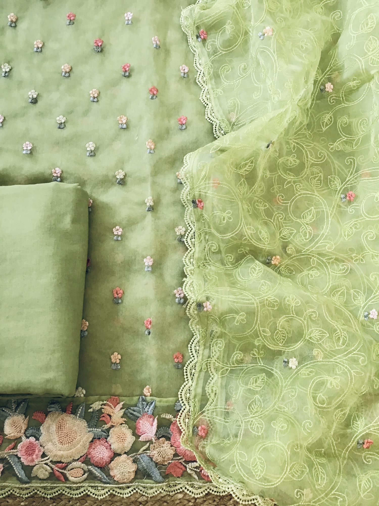 Soft Organza Embroidered Suit - Green